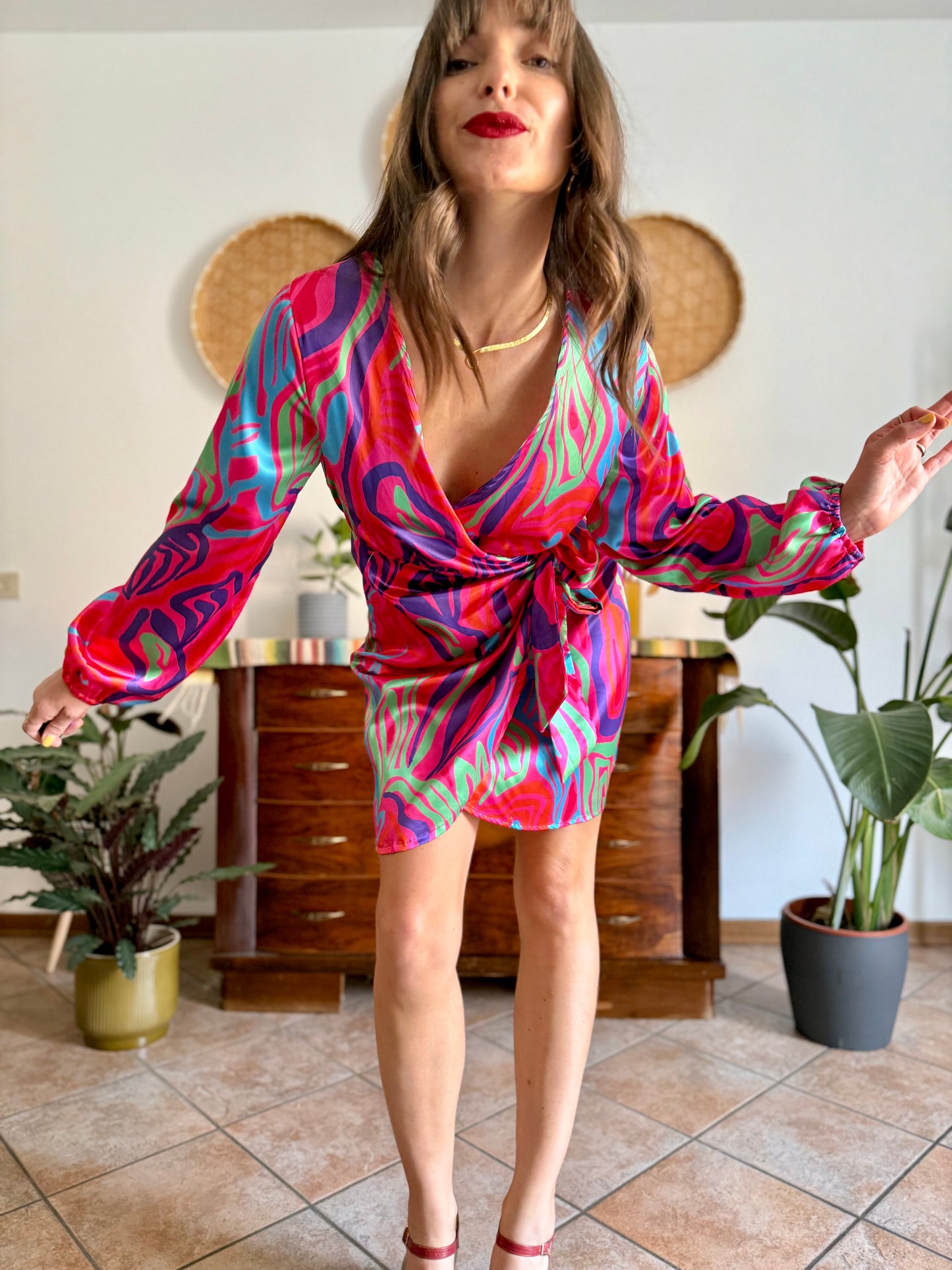 Multicolor mod abstract print satin wrap mini dress
