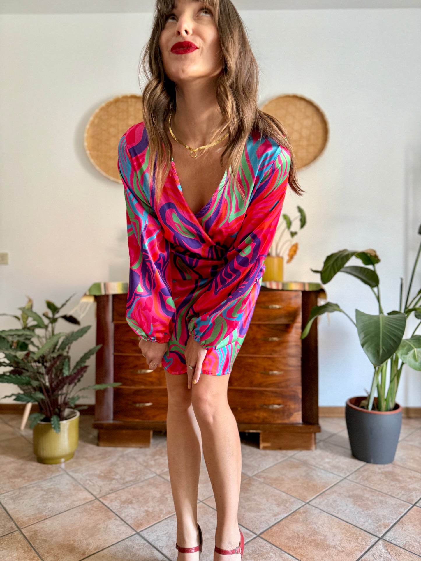 Multicolor mod abstract print satin wrap mini dress