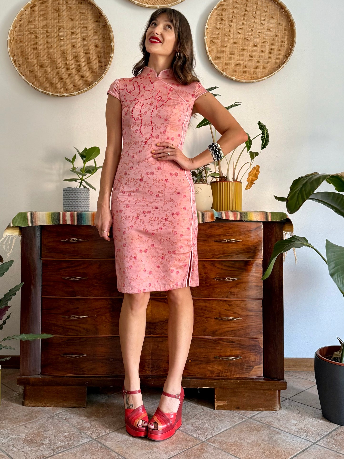 1990's vintage pink cheongsam midi dress with fuchsia floral and sequin detailing