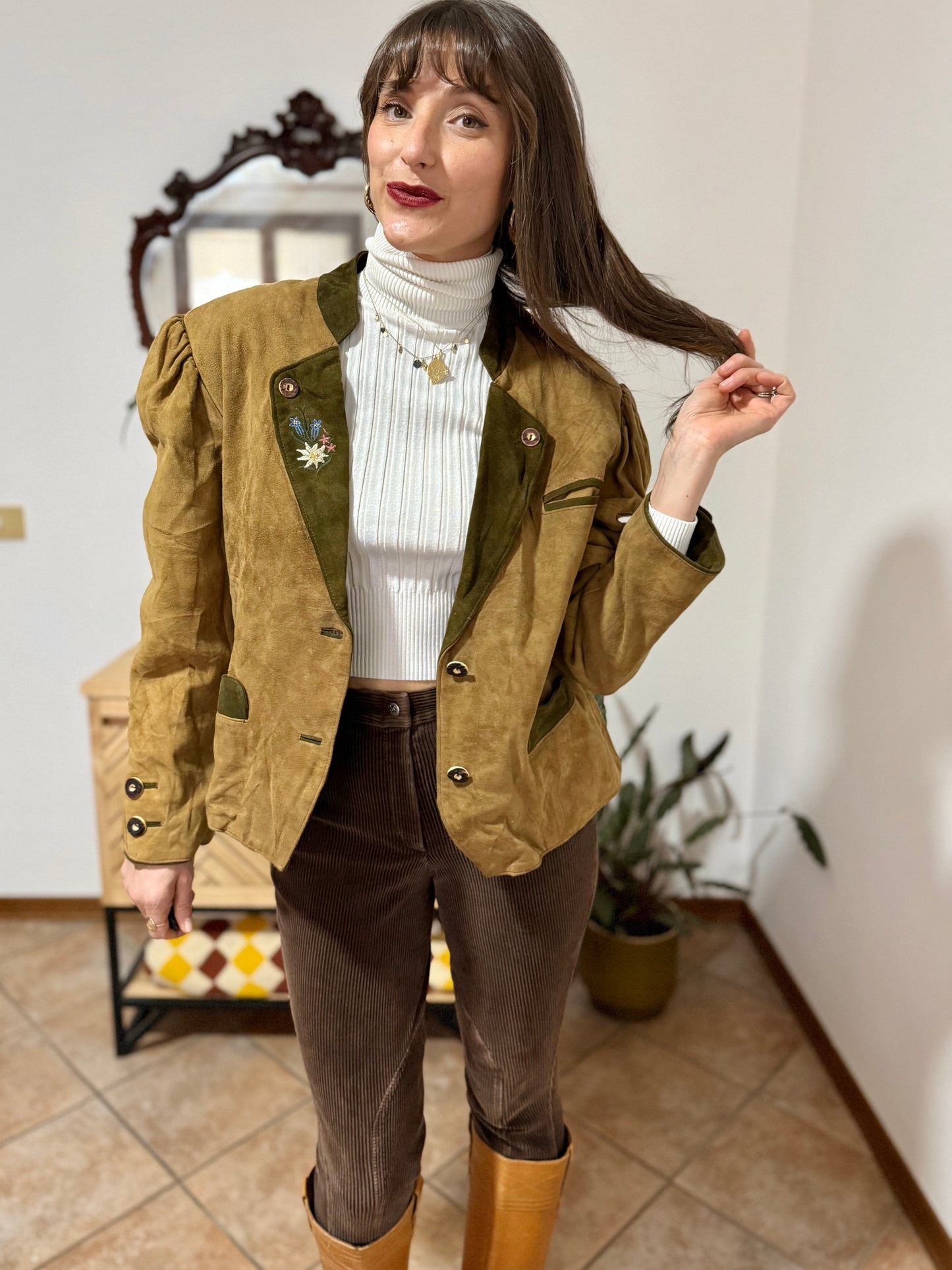 1970's vintage khaki and military green suede trachten jacket with floral embroidery
