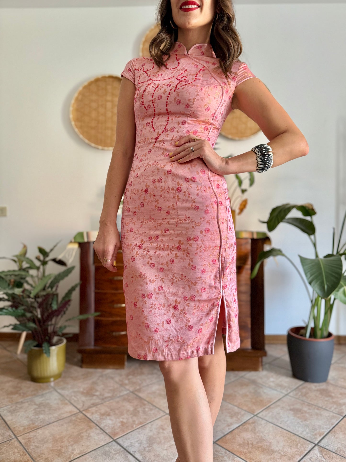 1990's vintage pink cheongsam midi dress with fuchsia floral and sequin detailing