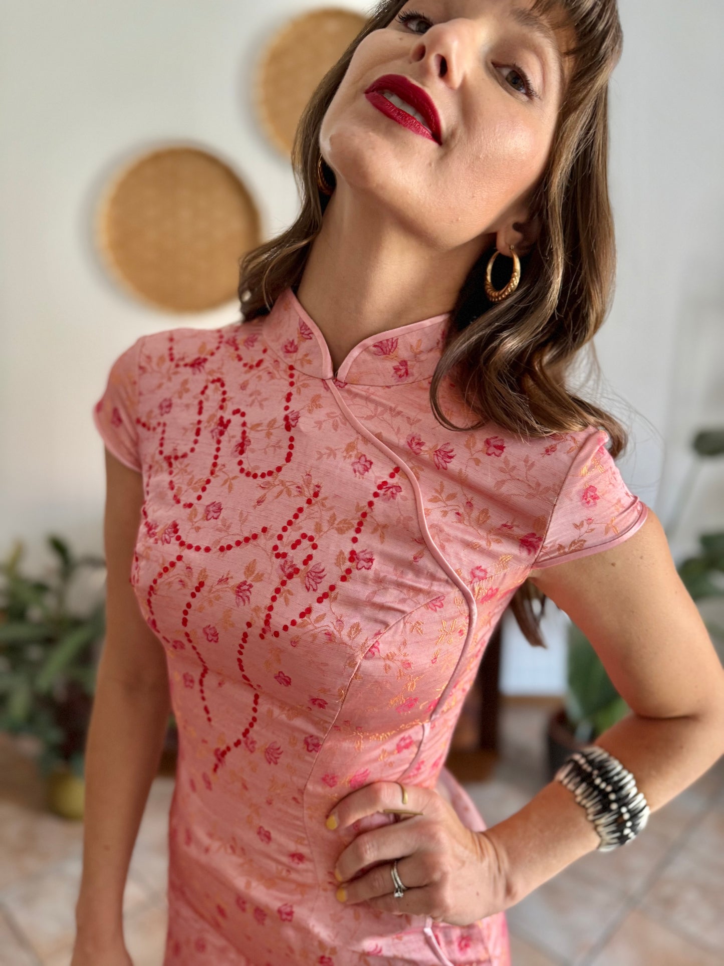 1990's vintage pink cheongsam midi dress with fuchsia floral and sequin detailing