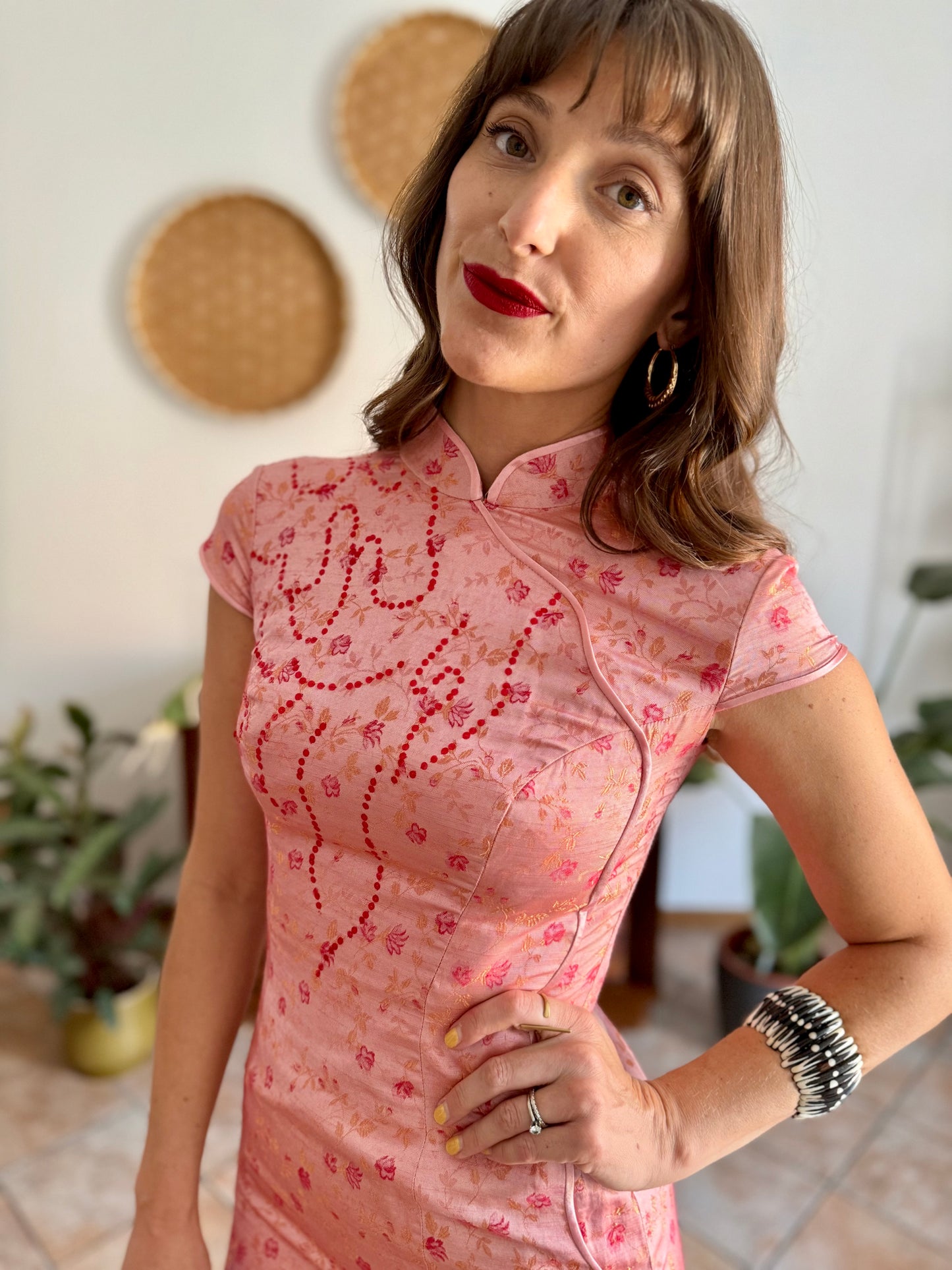 1990's vintage pink cheongsam midi dress with fuchsia floral and sequin detailing