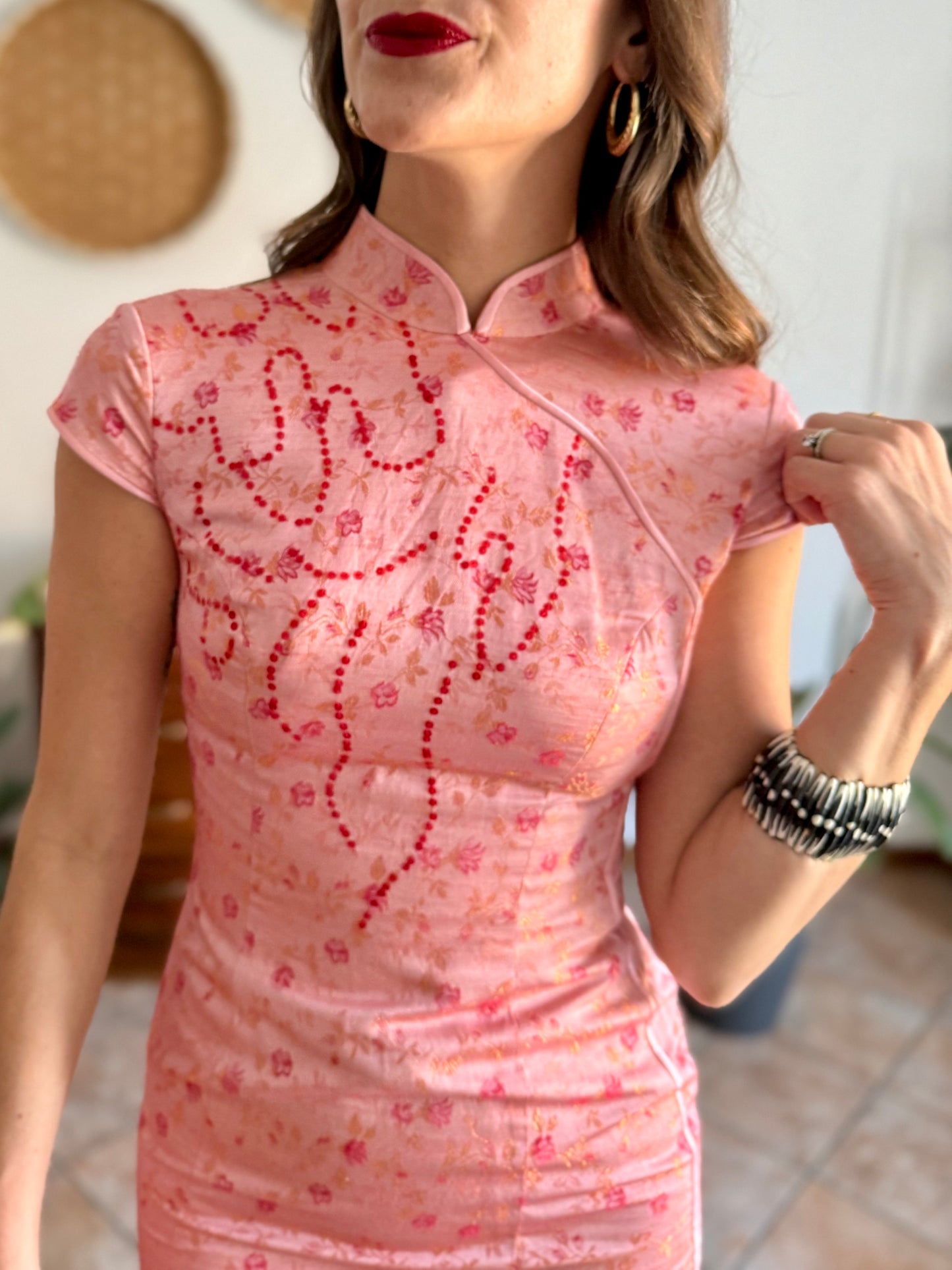 1990's vintage pink cheongsam midi dress with fuchsia floral and sequin detailing