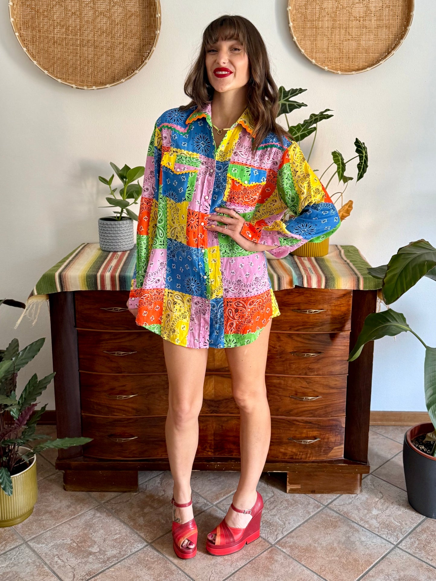 Multicolor patchwork handkerchief pearl snap linen shirt