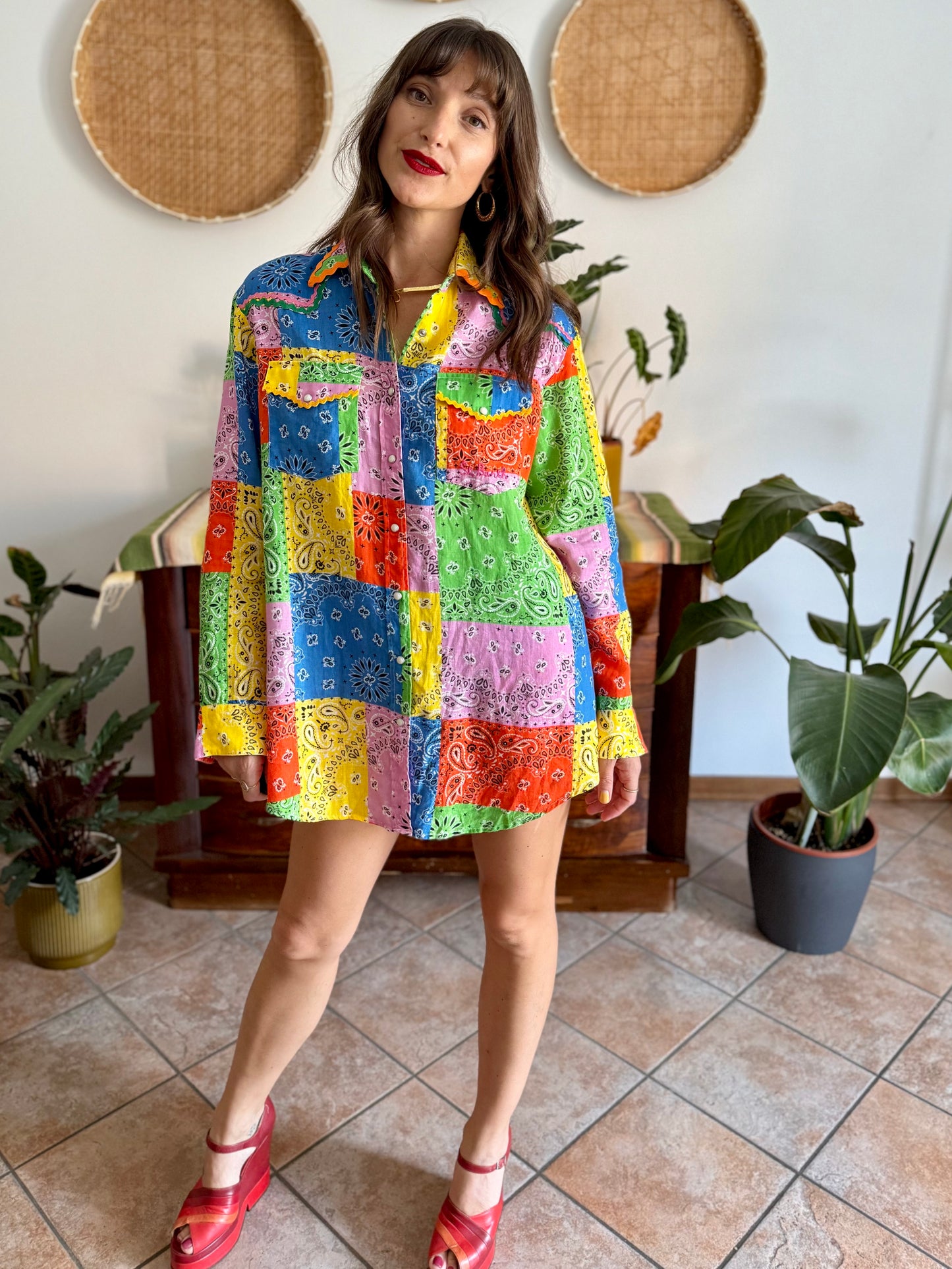Multicolor patchwork handkerchief pearl snap linen shirt