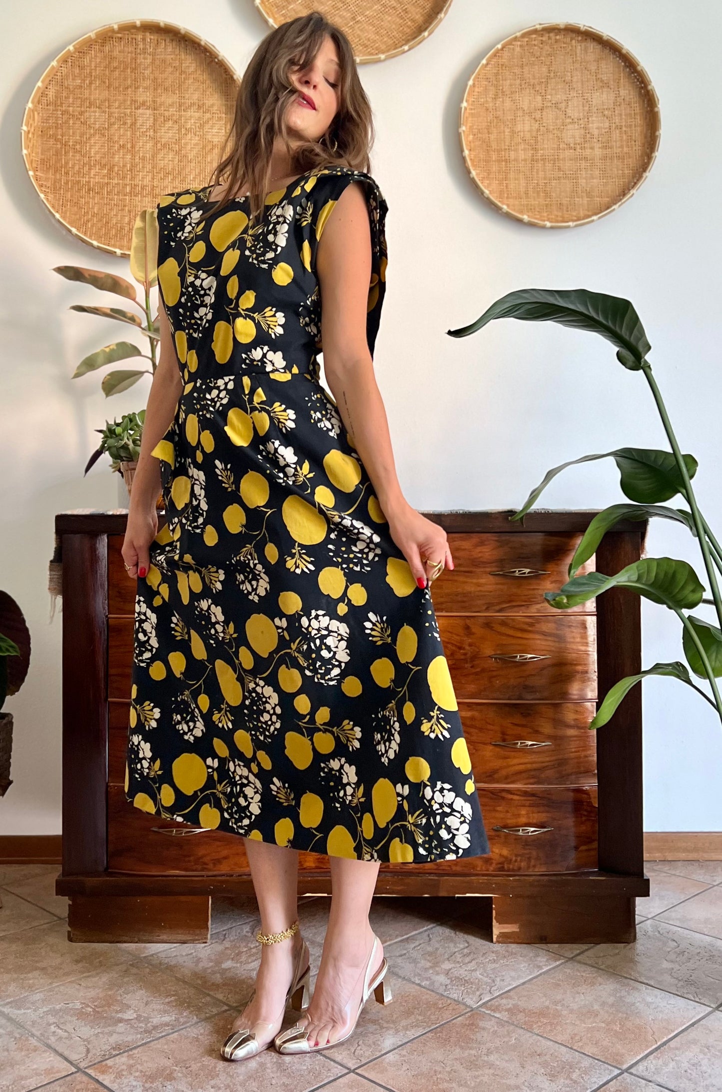 1950's vintage black linen midi dress with yellow and cream floral and print