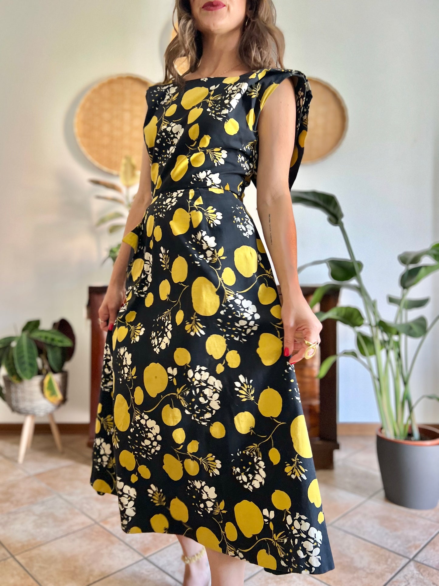 1950's vintage black linen midi dress with yellow and cream floral and print