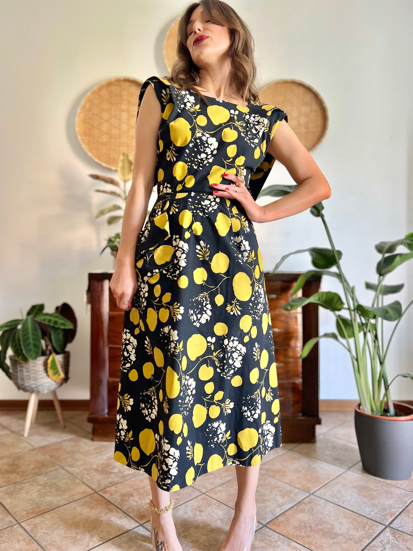 1950's vintage black linen midi dress with yellow and cream floral and print
