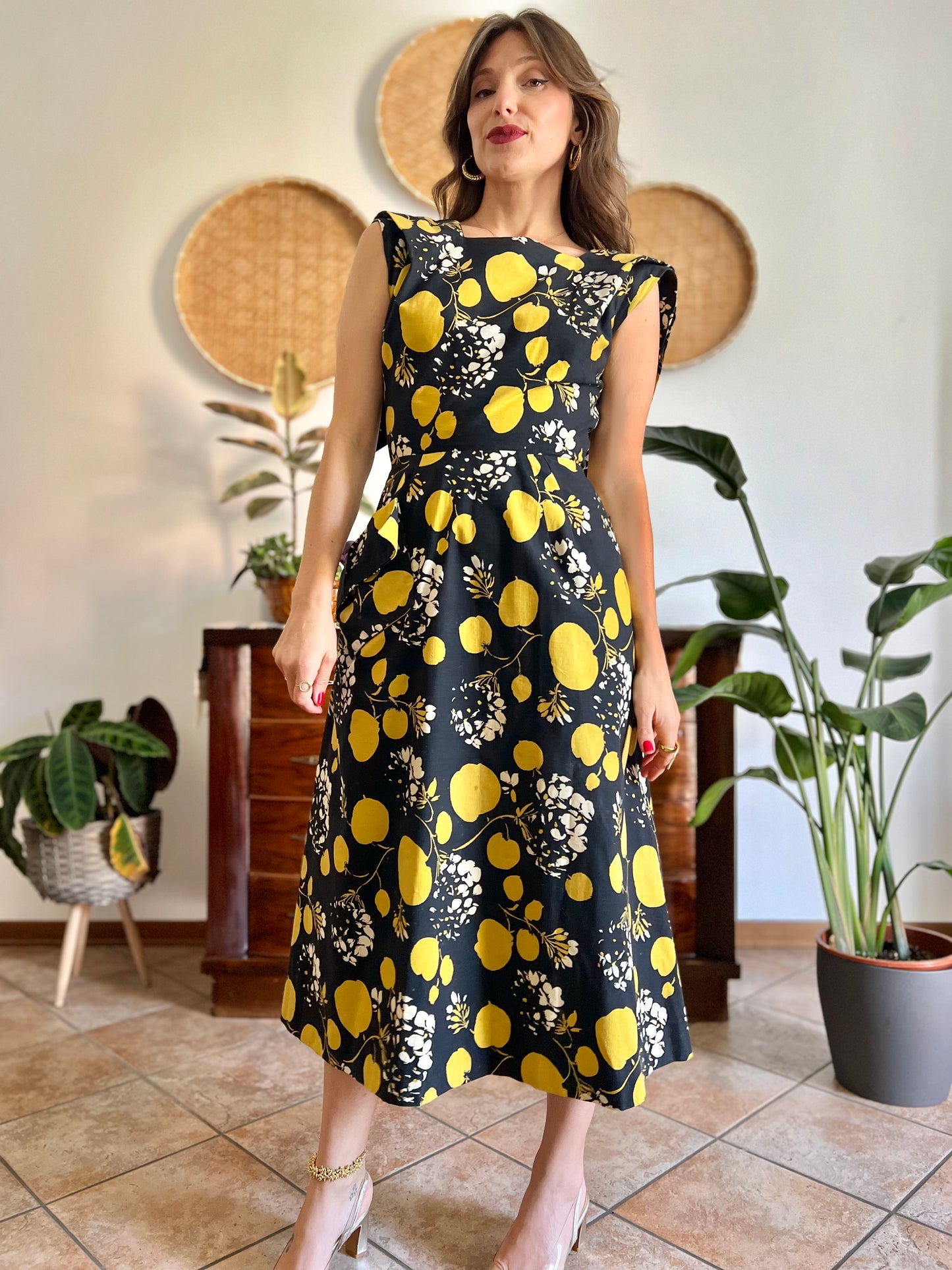 1950's vintage black linen midi dress with yellow and cream floral and print