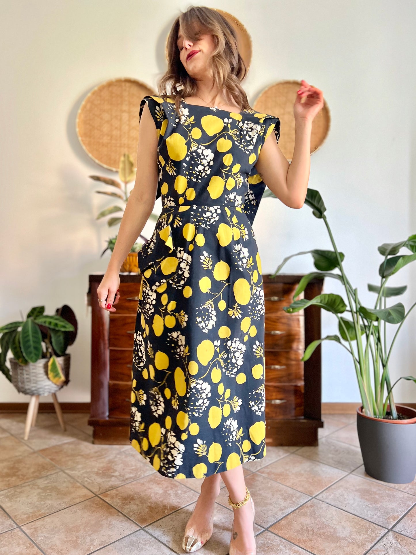 1950's vintage black linen midi dress with yellow and cream floral and print