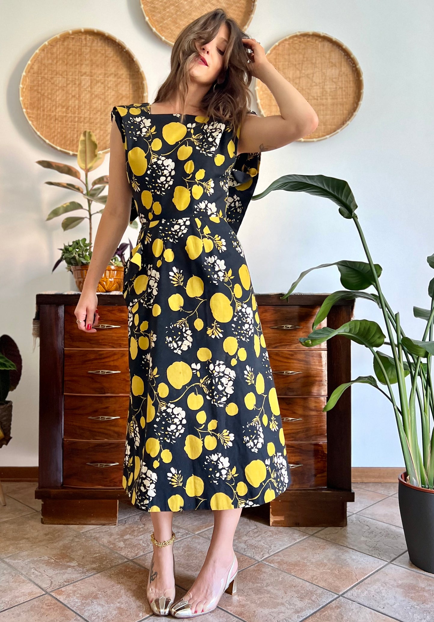1950's vintage black linen midi dress with yellow and cream floral and print