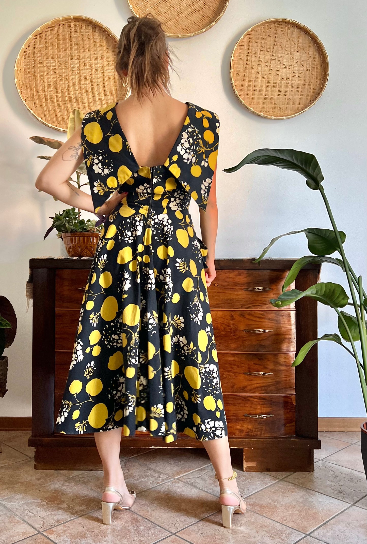 1950's vintage black linen midi dress with yellow and cream floral and print