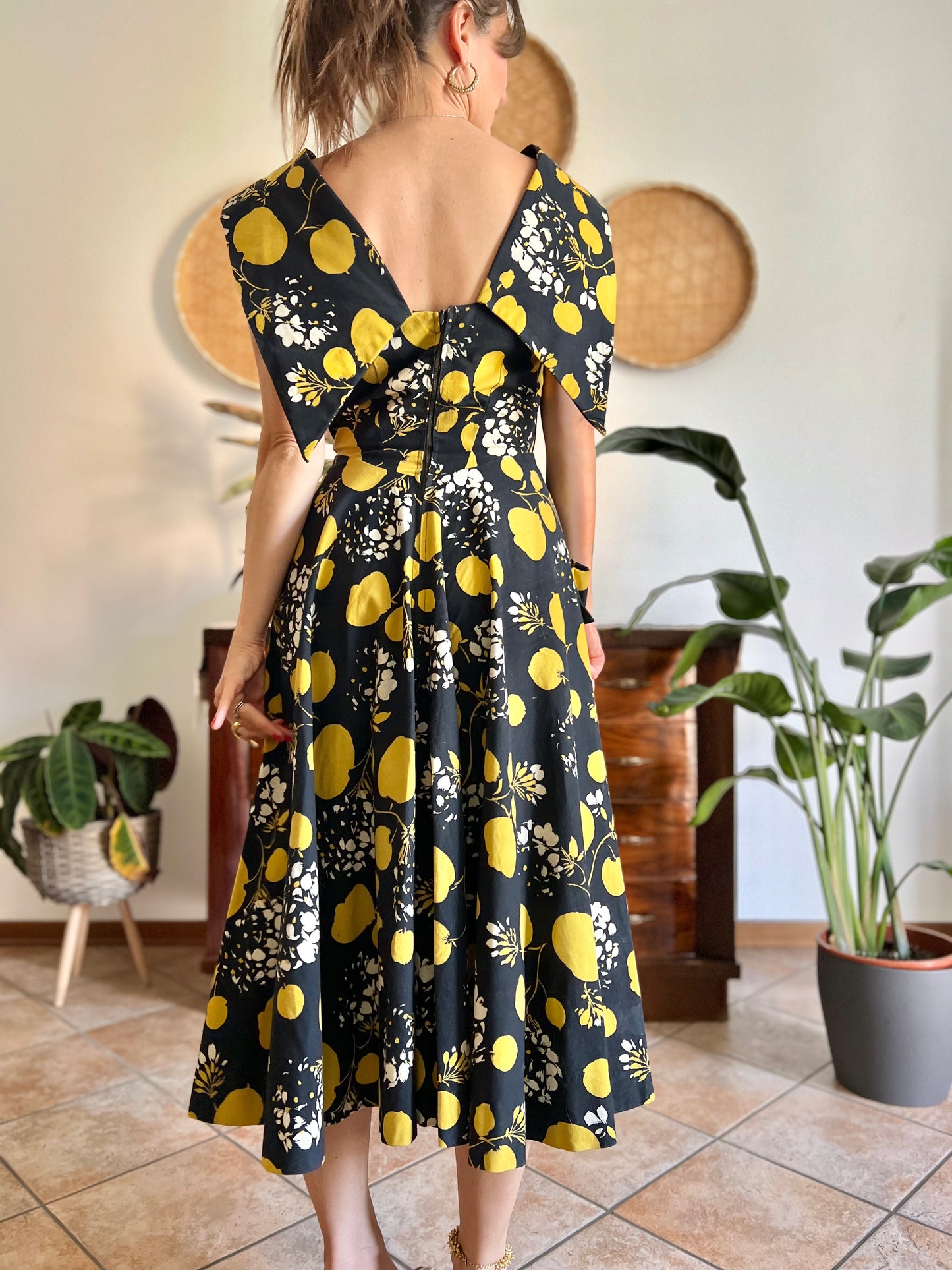 1950's vintage black linen midi dress with yellow and cream floral and print