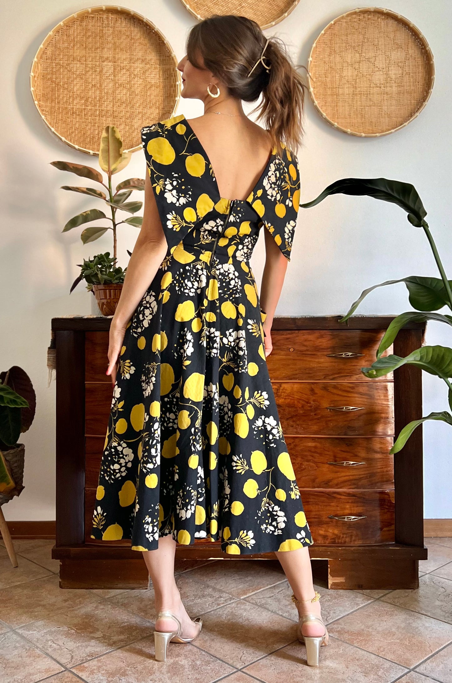 1950's vintage black linen midi dress with yellow and cream floral and print