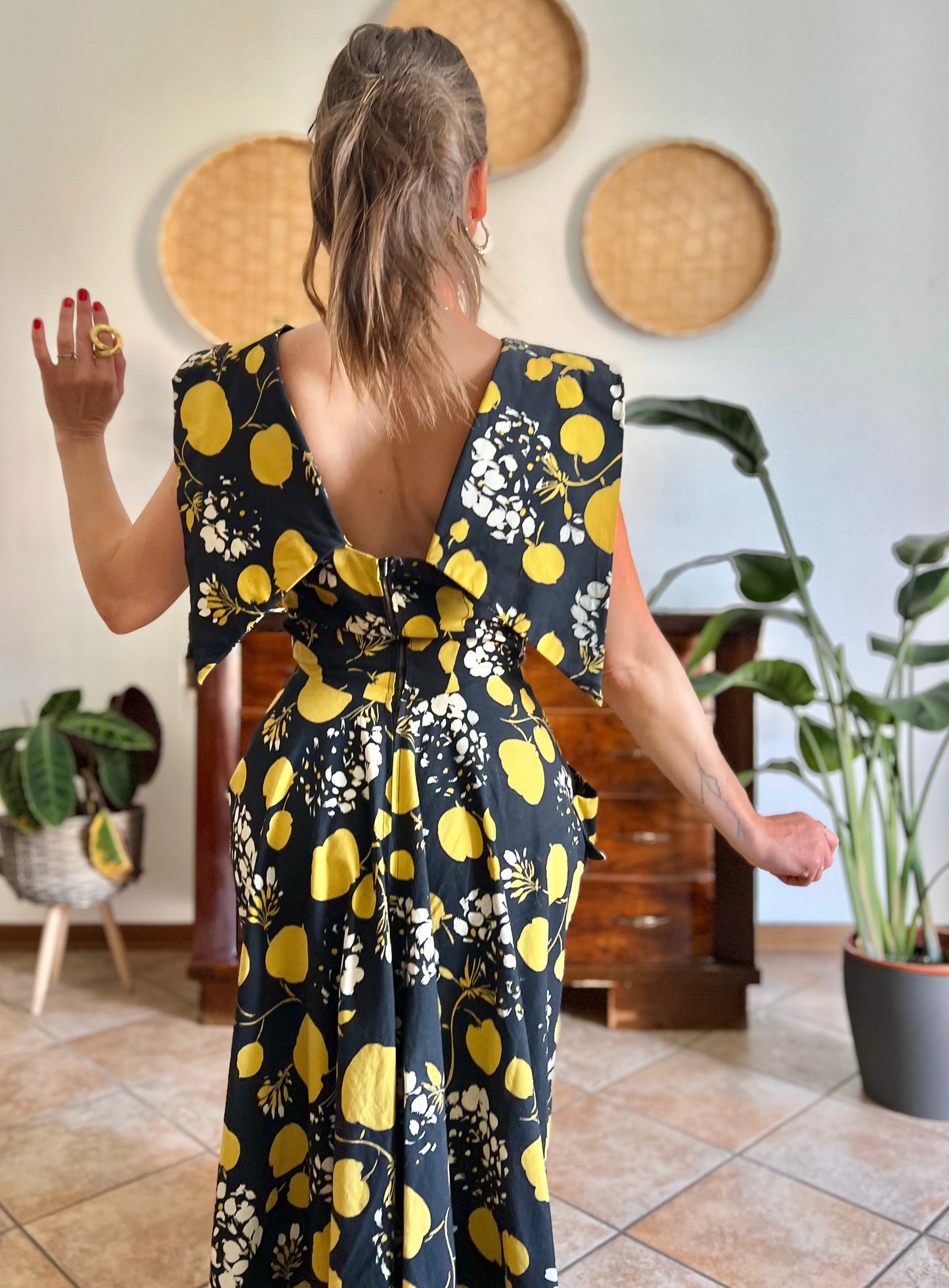 1950's vintage black linen midi dress with yellow and cream floral and print