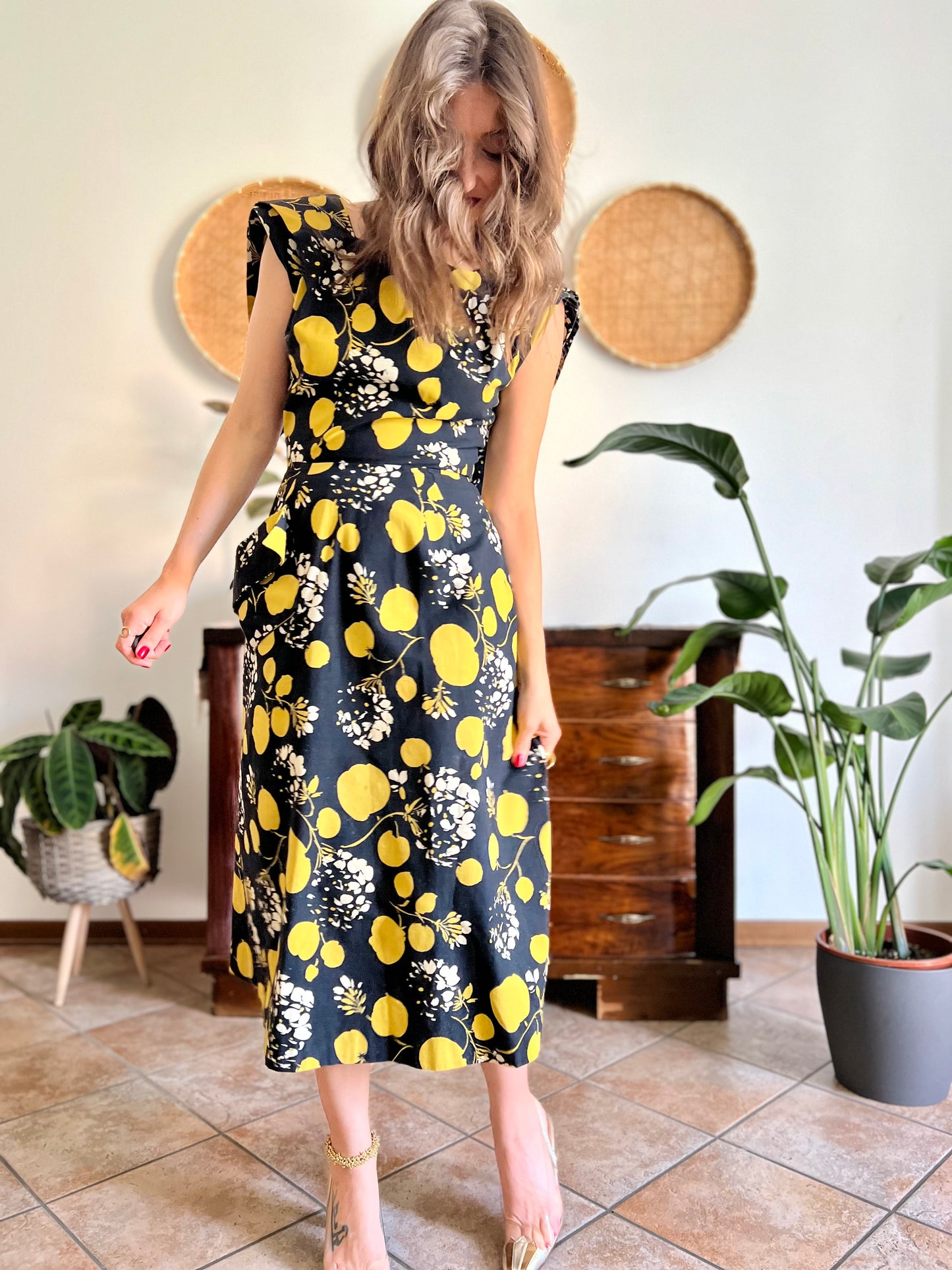 1950's vintage black linen midi dress with yellow and cream floral and print