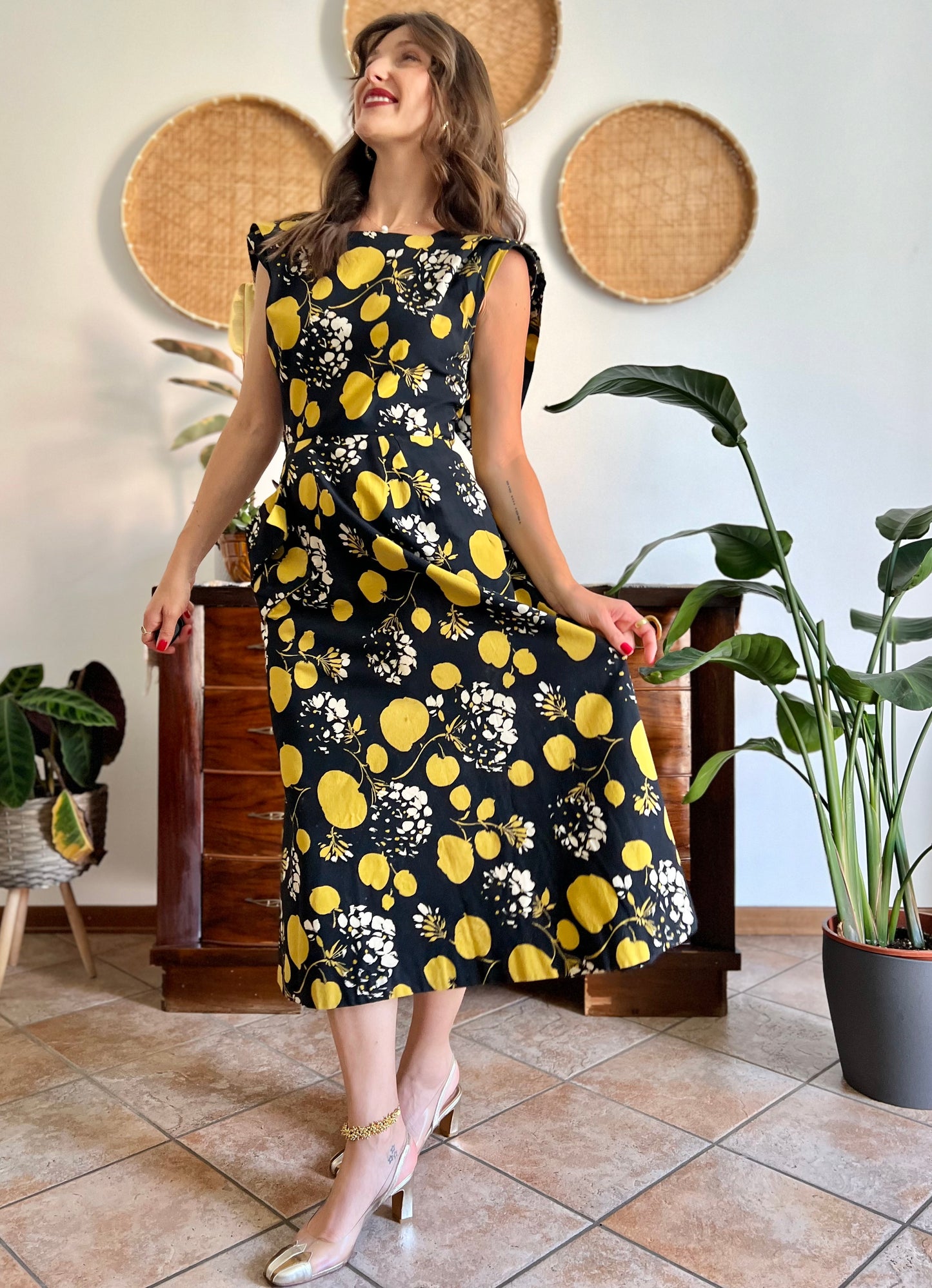 1950's vintage black linen midi dress with yellow and cream floral and print