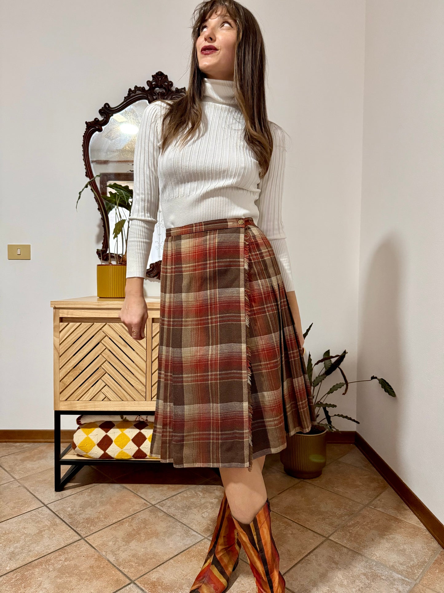 1960's vintage chocolate brown, tan and burgundy wool plaid midi skirt