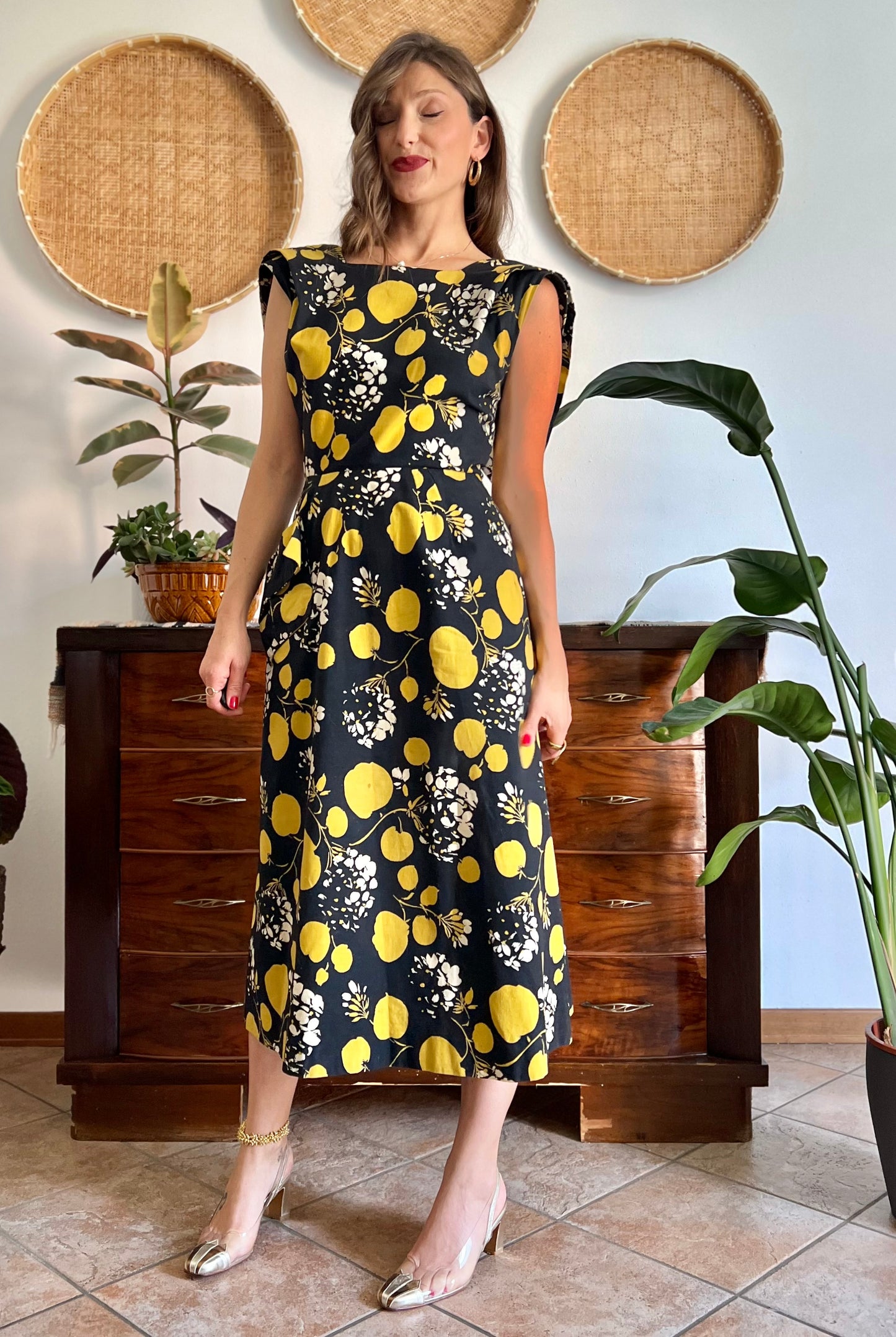 1950's vintage black linen midi dress with yellow and cream floral and print