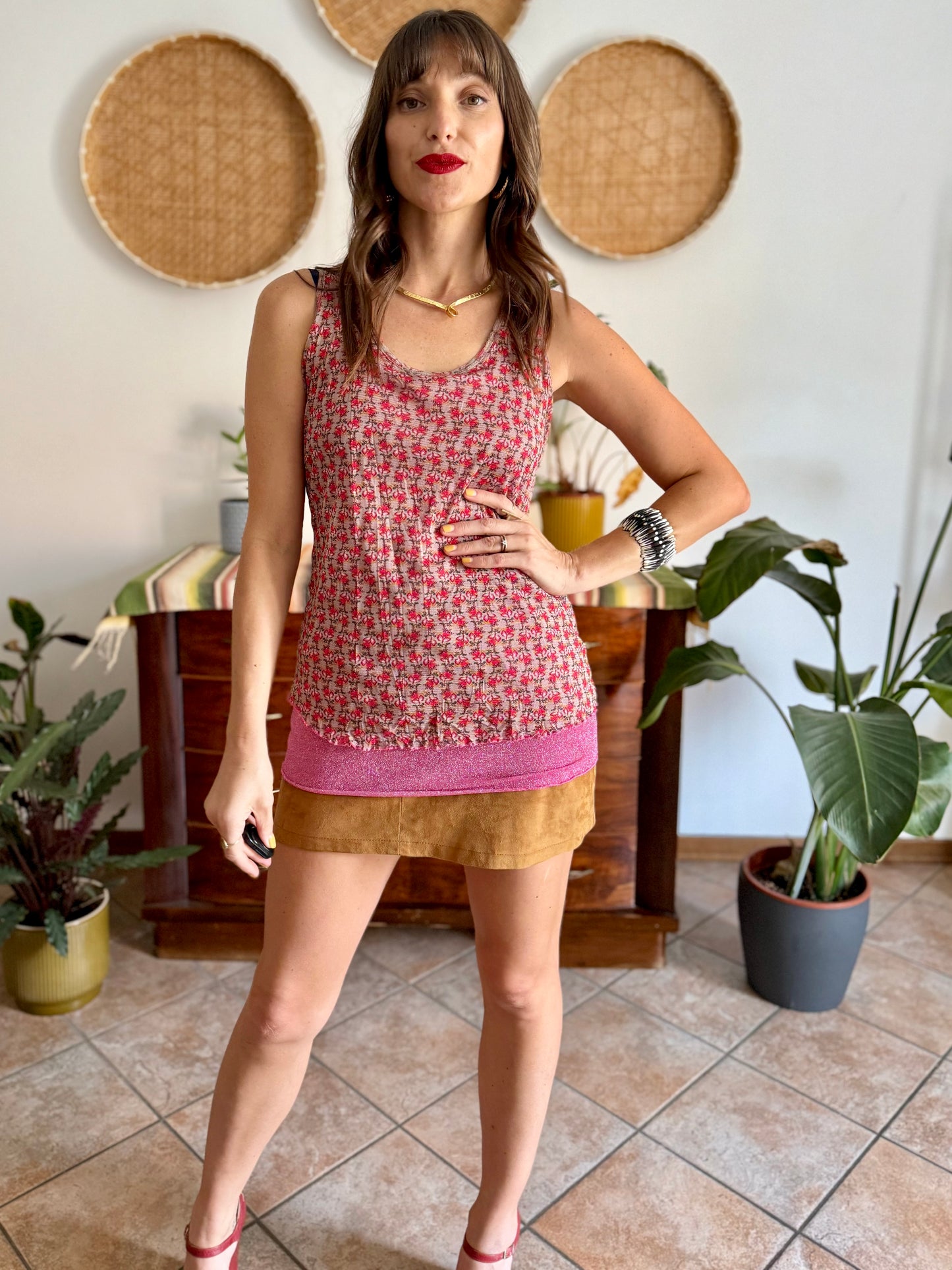 Y2k vintage double layer pink metallic floral top