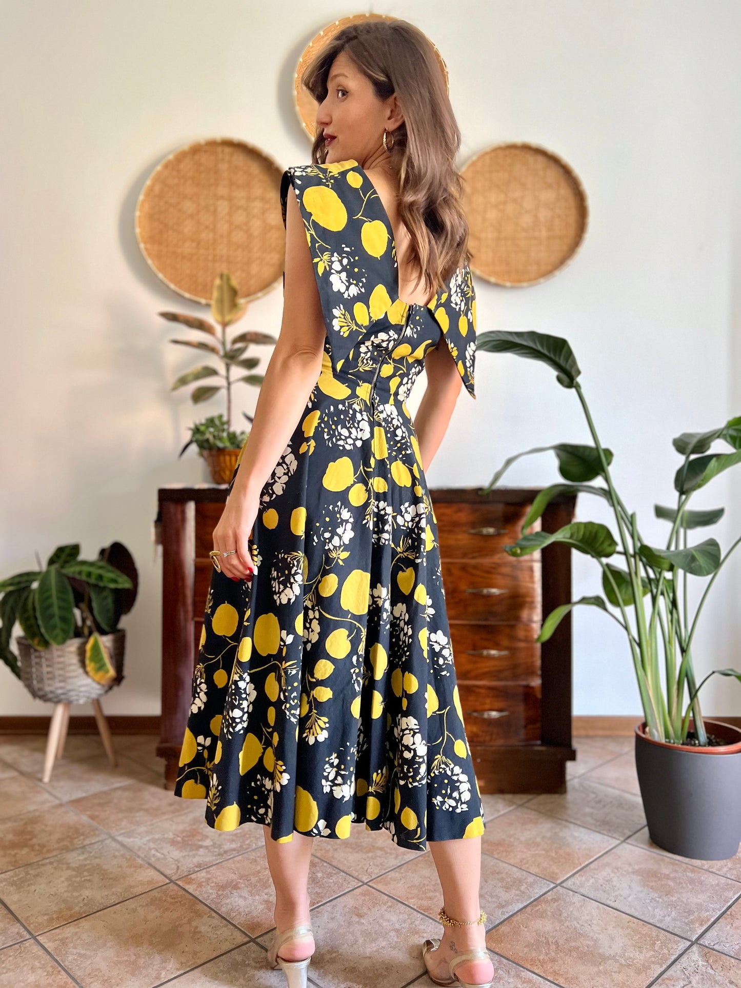 1950's vintage black linen midi dress with yellow and cream floral and print