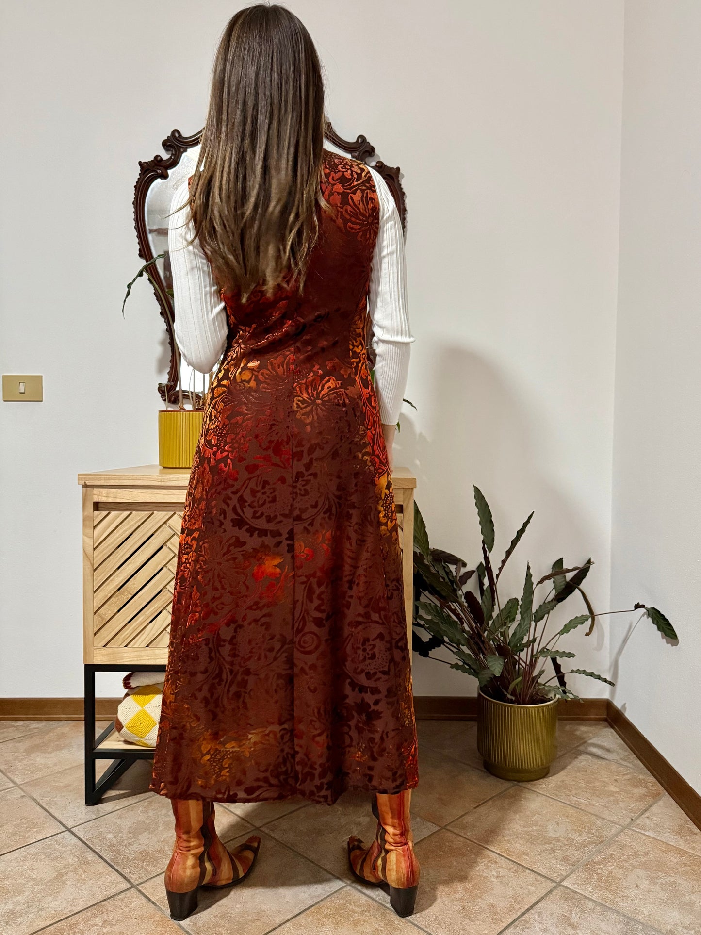 1970's vintage chocolate brown and burnt orange silk floral velvet burnout maxi dress