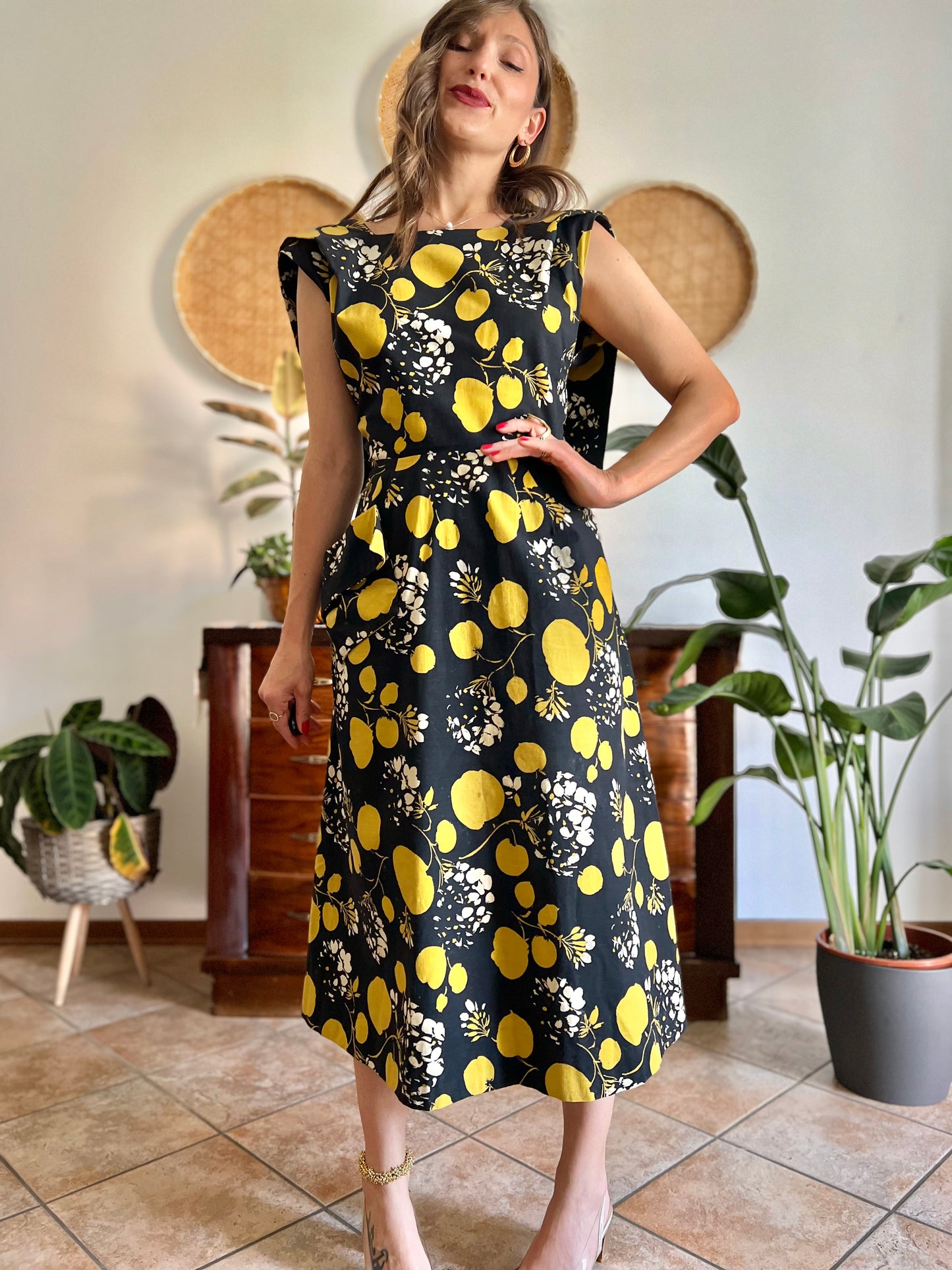 1950's vintage black linen midi dress with yellow and cream floral and print