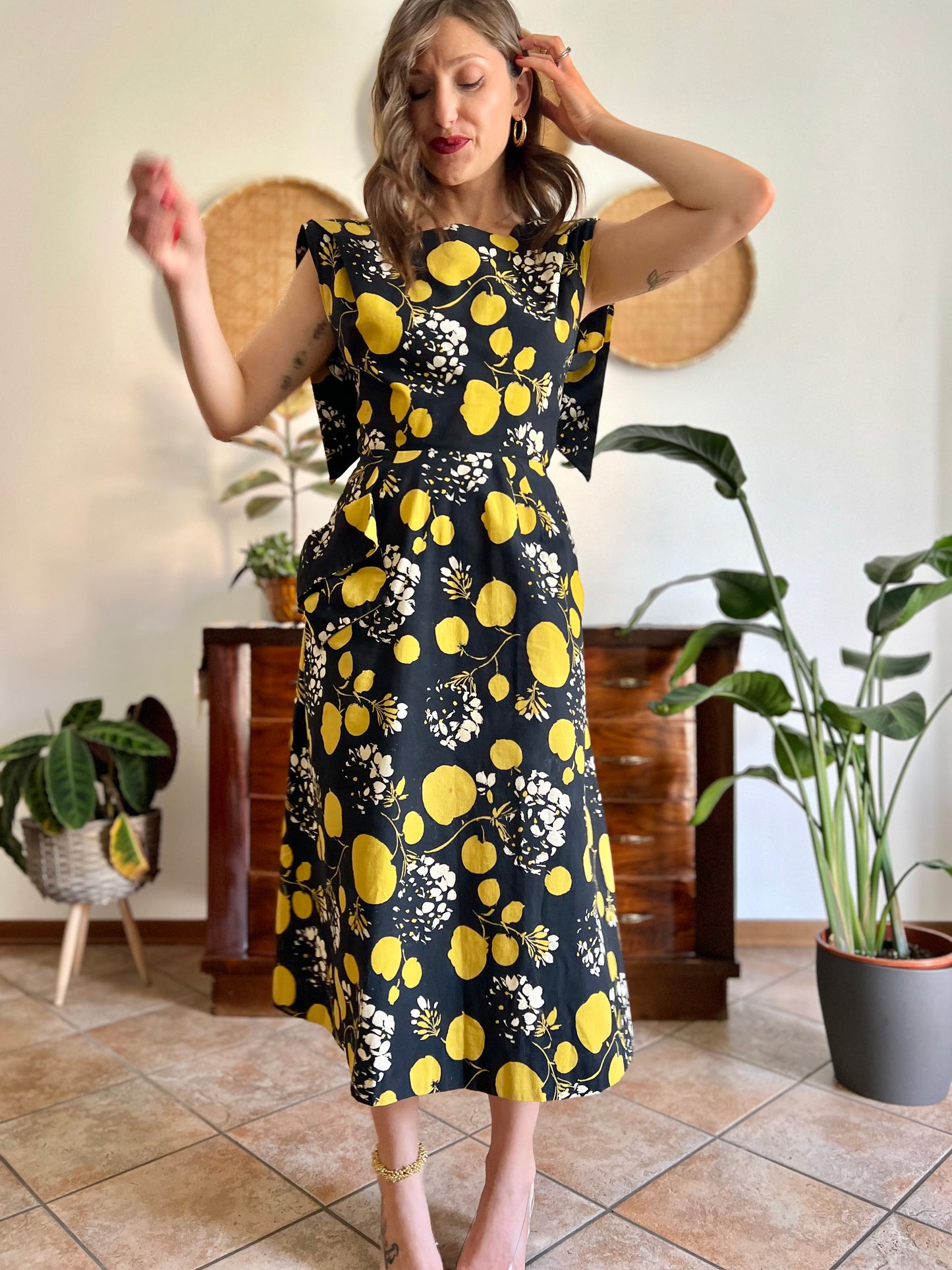 1950's vintage black linen midi dress with yellow and cream floral and print