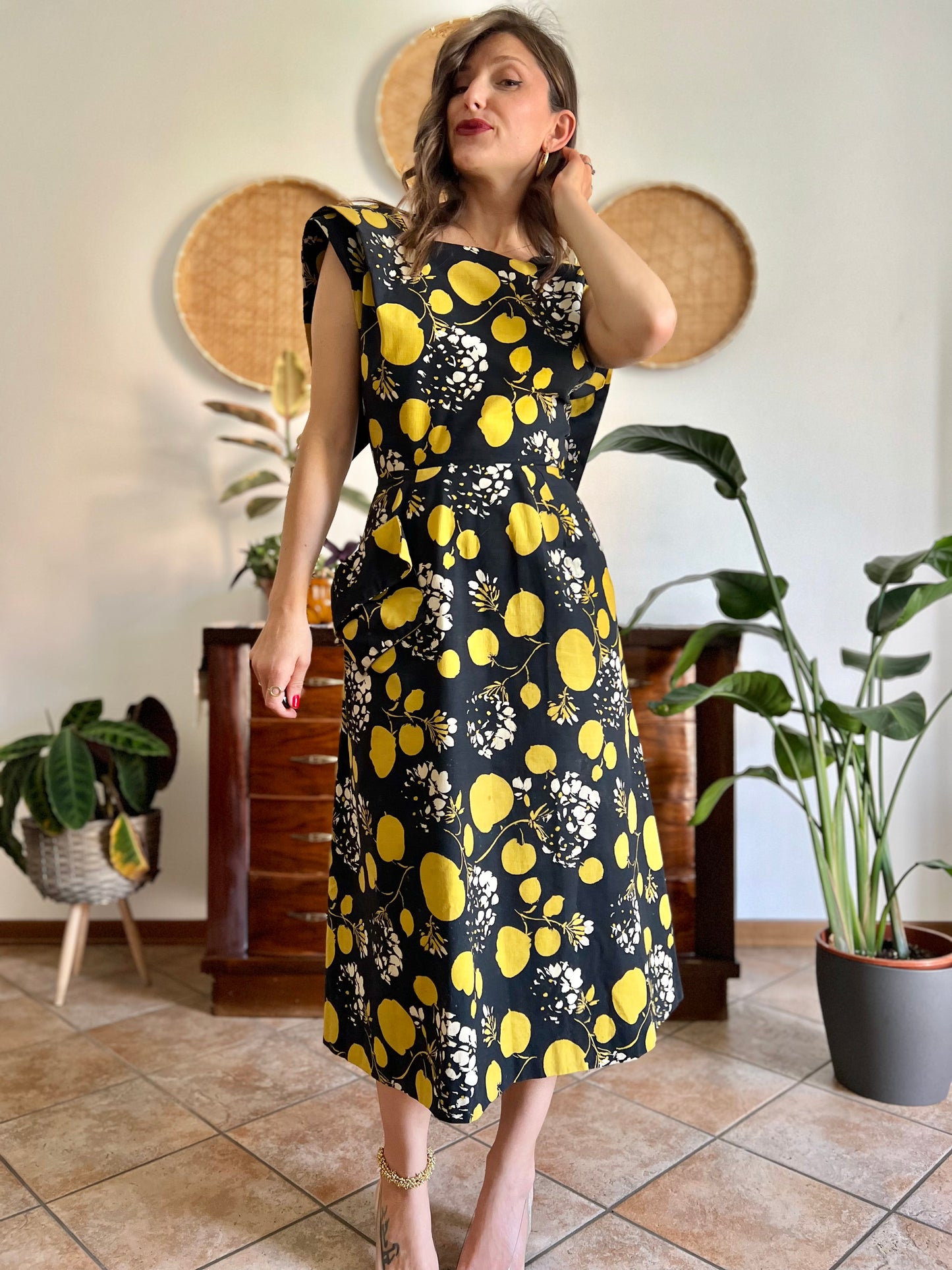 1950's vintage black linen midi dress with yellow and cream floral and print