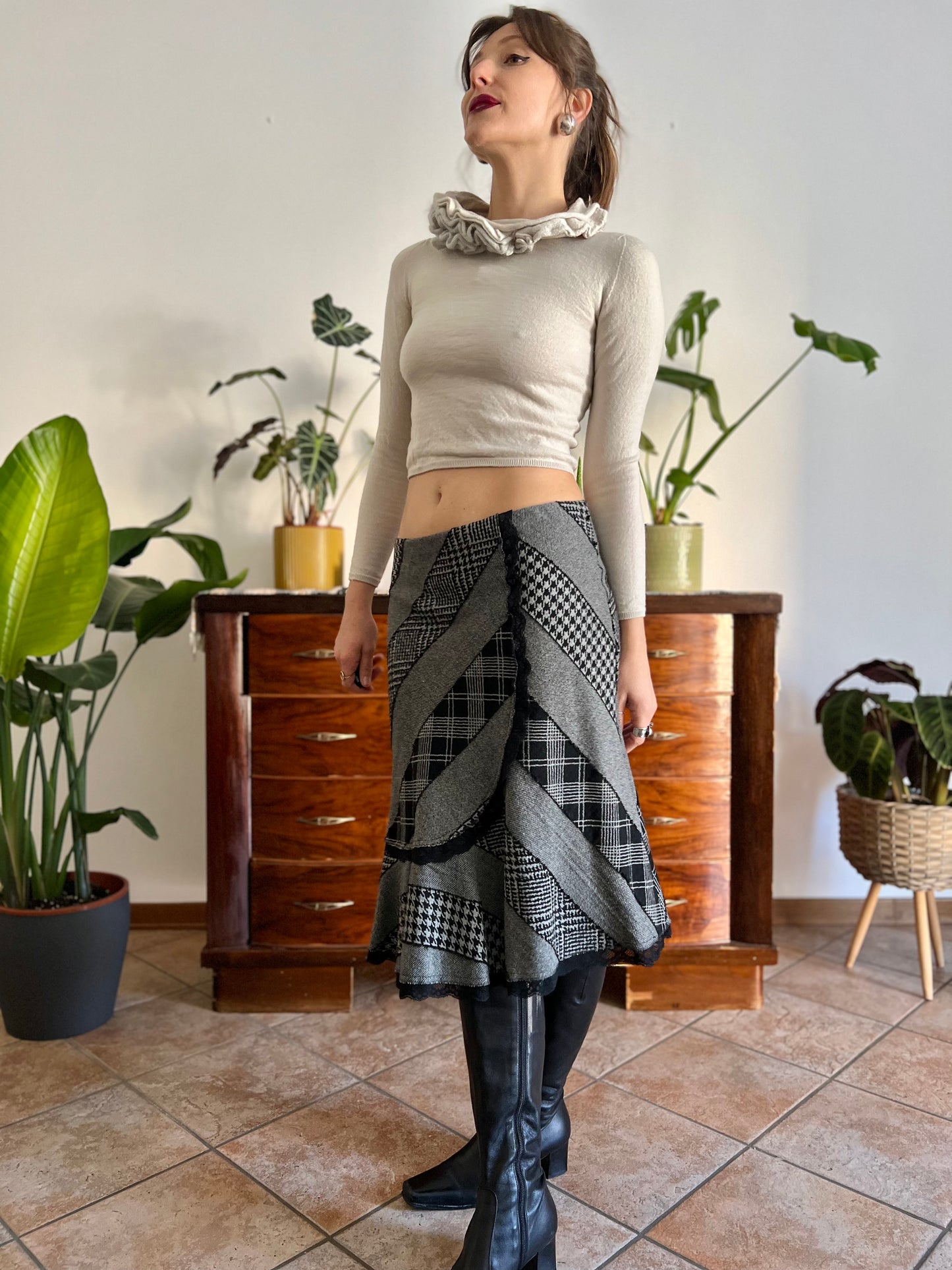 1990's vintage black and grey patchwork wool blend midi skirt with lace details