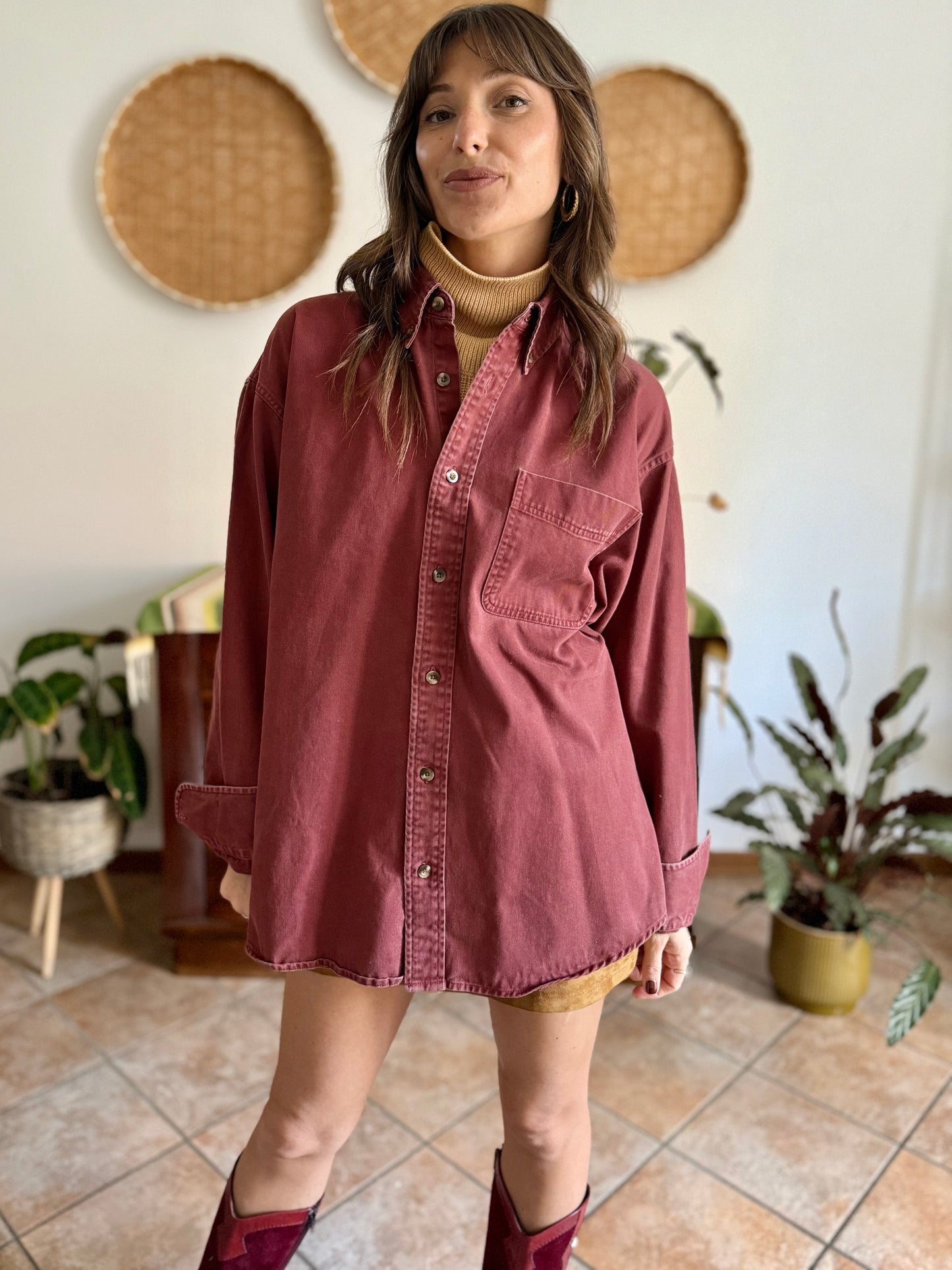 1990's vintage oversize burgundy denim shirt