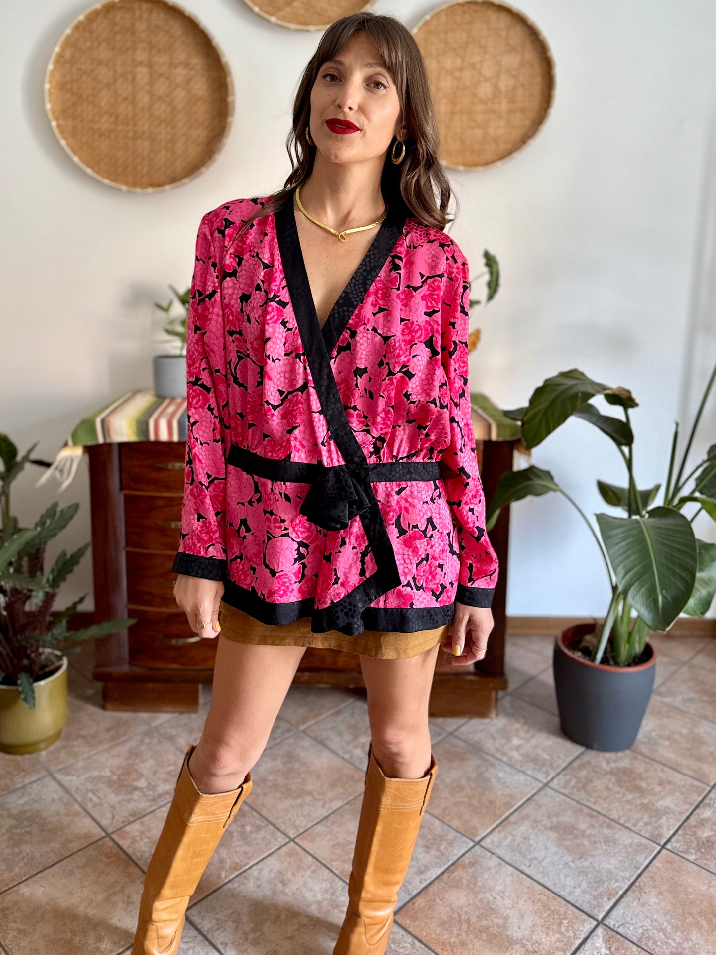 1980's vintage silk fuchsia and black floral peplum blouse with rosette details