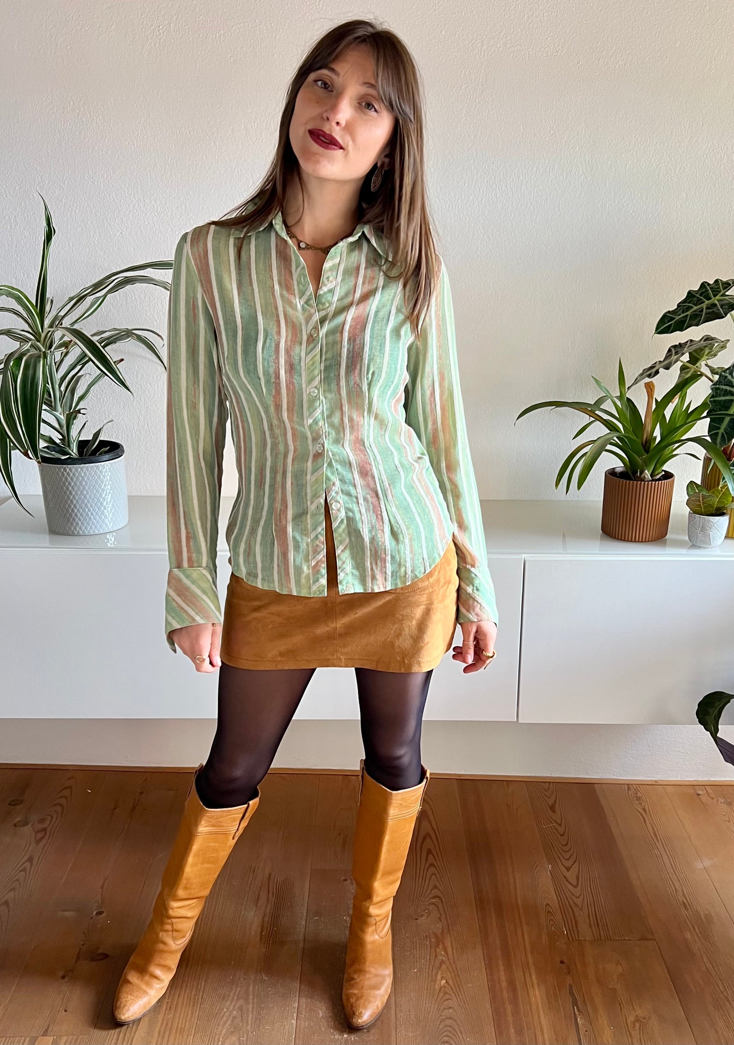1970's vintage green and tan semi sheer textured stripe blouse