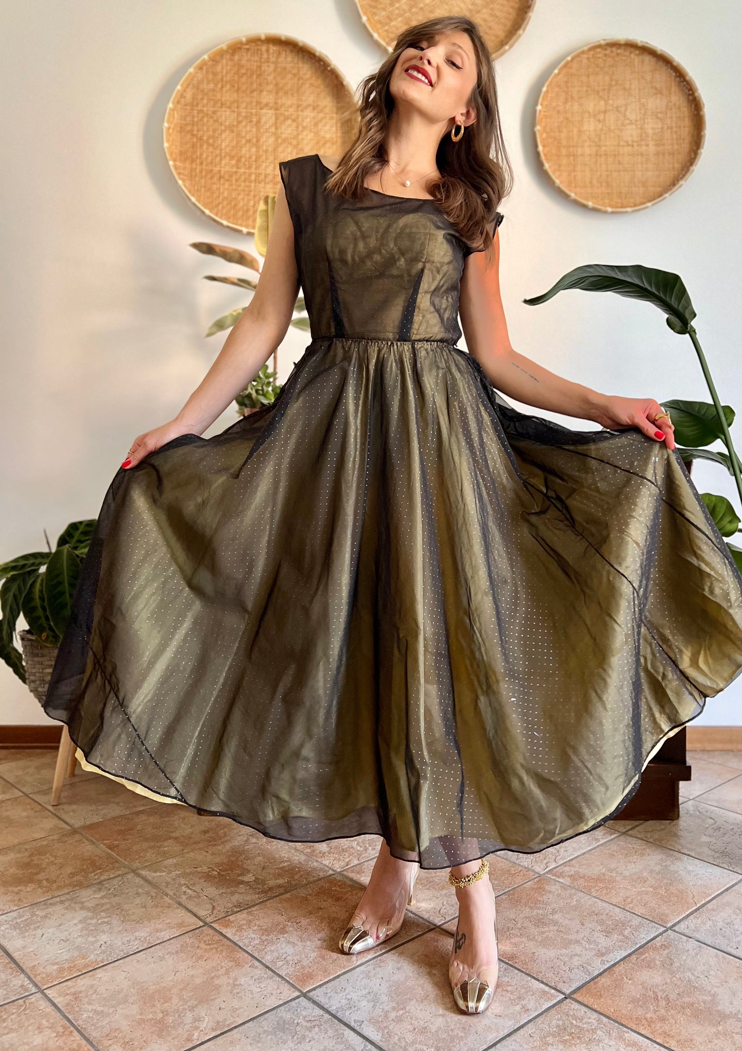 1950's custom made butter yellow and black tulle midi dress