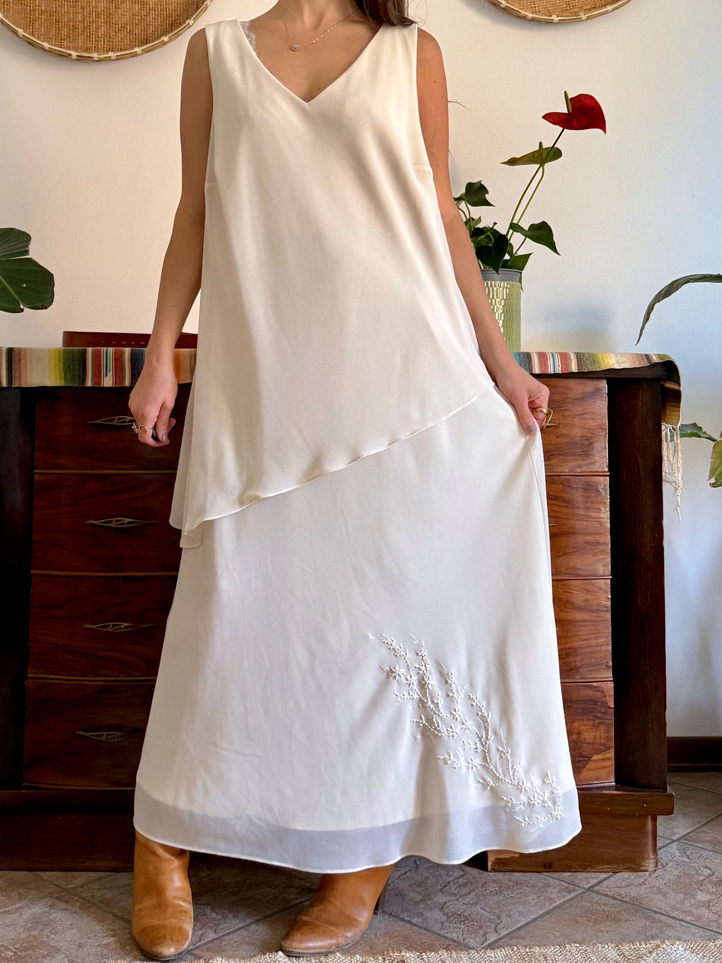 1990's vintage two teared cream maxi dress with floral glass bead detailing