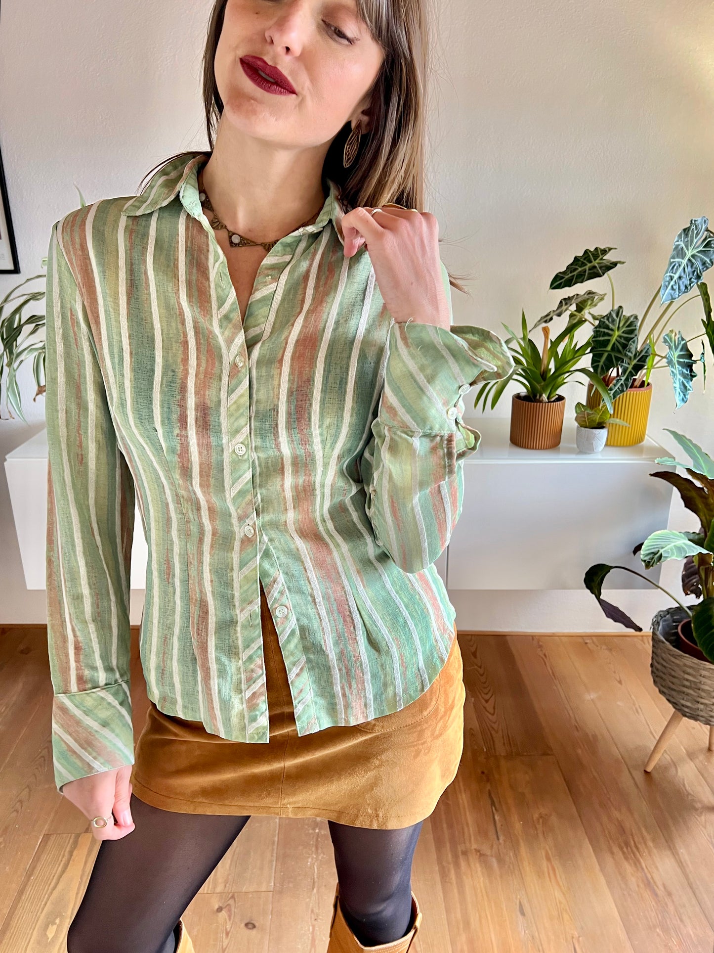 1970's vintage green and tan semi sheer textured stripe blouse