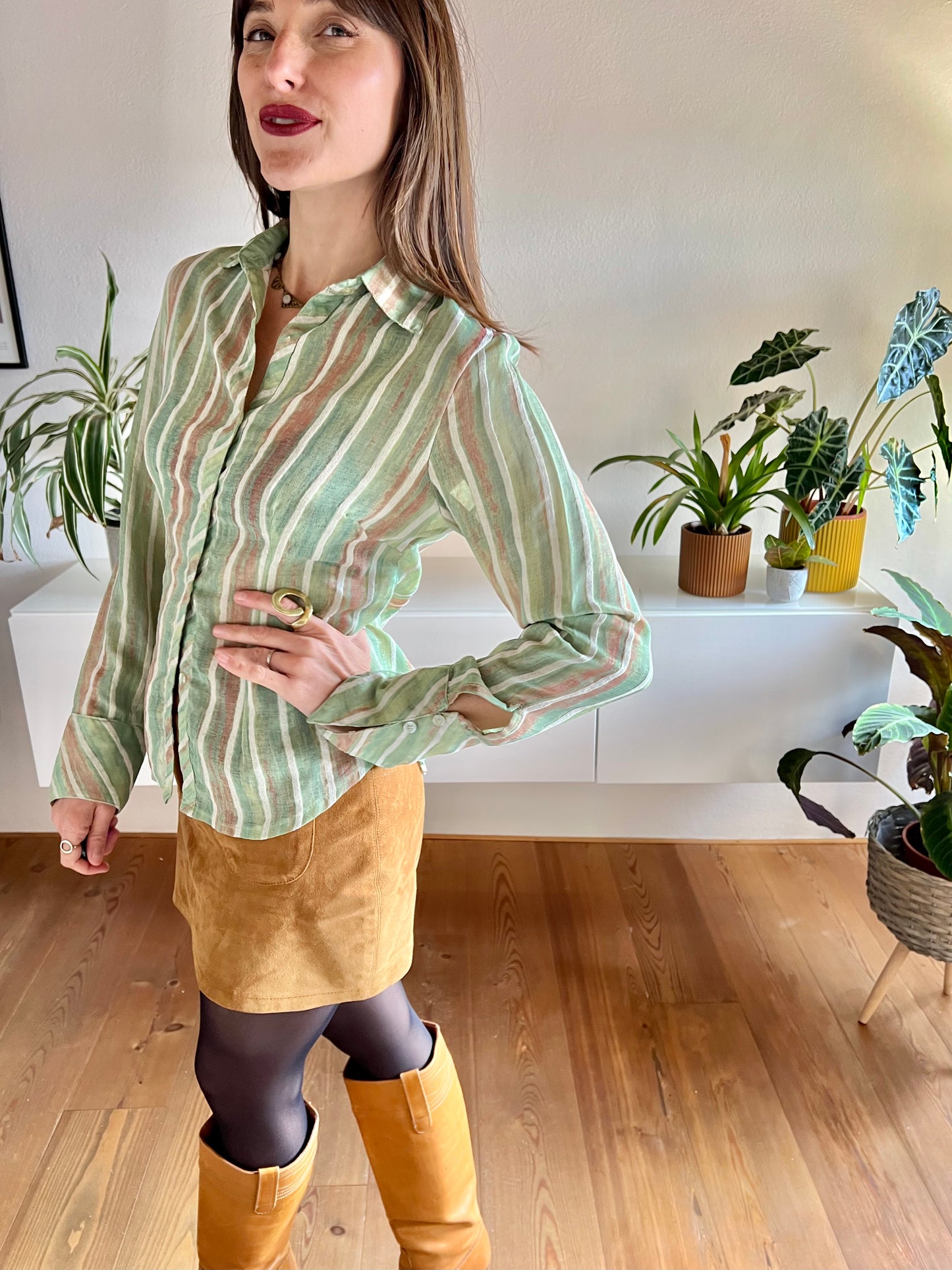 1970's vintage green and tan semi sheer textured stripe blouse