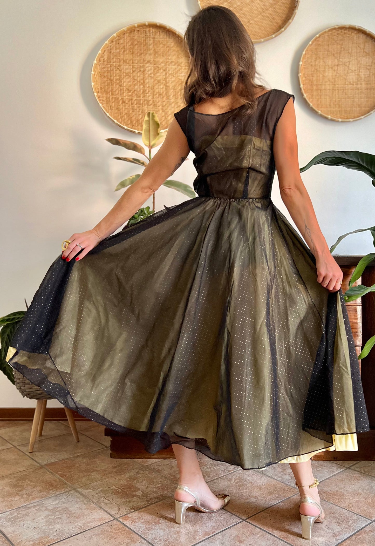 1950's custom made butter yellow and black tulle midi dress