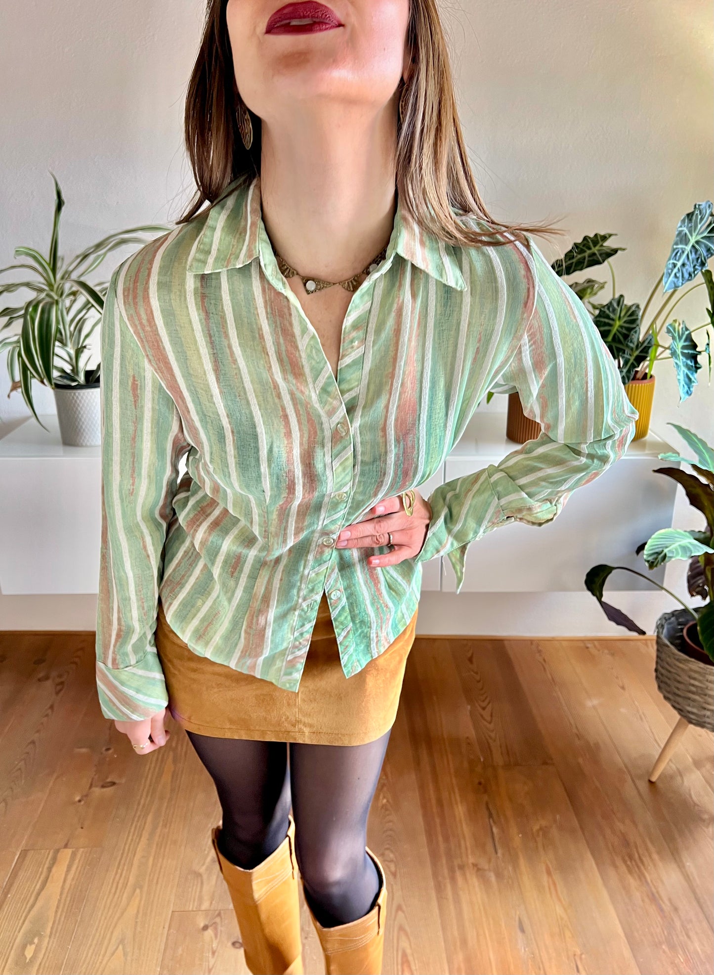 1970's vintage green and tan semi sheer textured stripe blouse