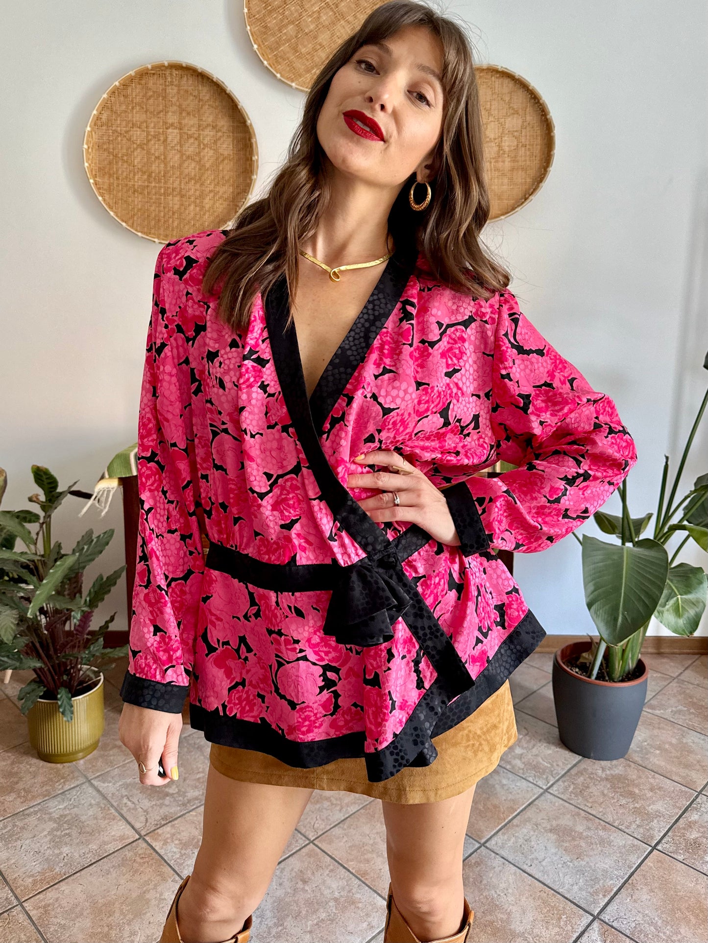 1980's vintage silk fuchsia and black floral peplum blouse with rosette details