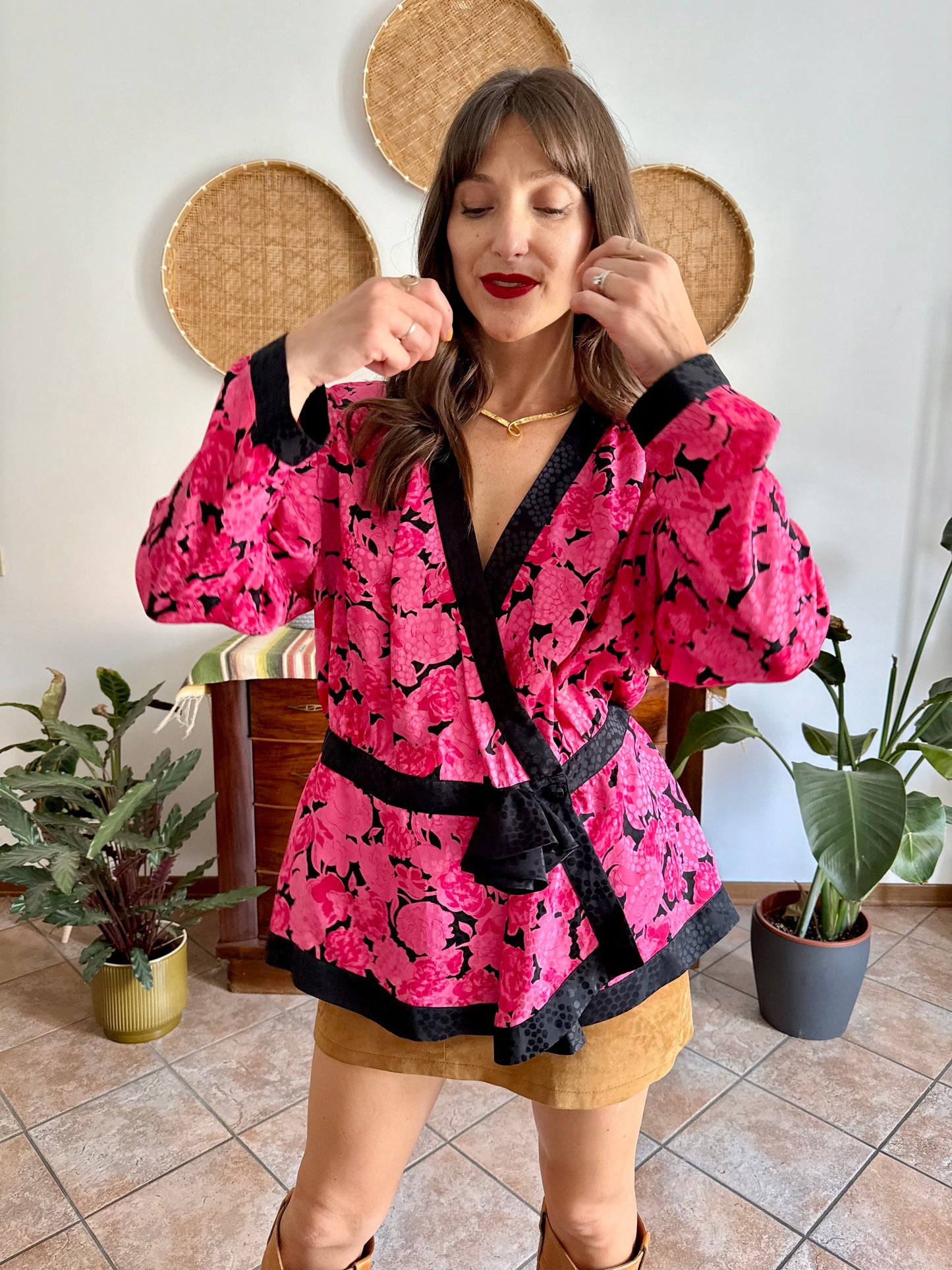 1980's vintage silk fuchsia and black floral peplum blouse with rosette details