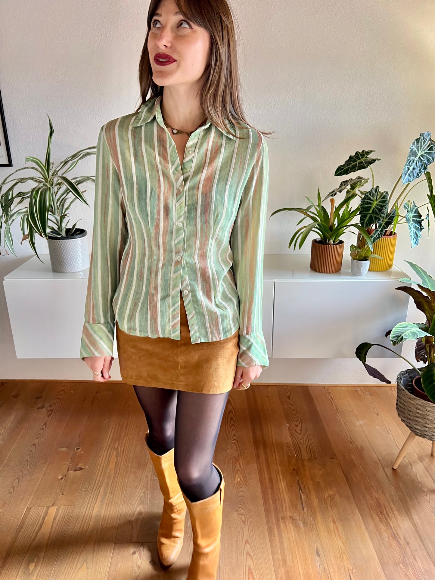1970's vintage green and tan semi sheer textured stripe blouse