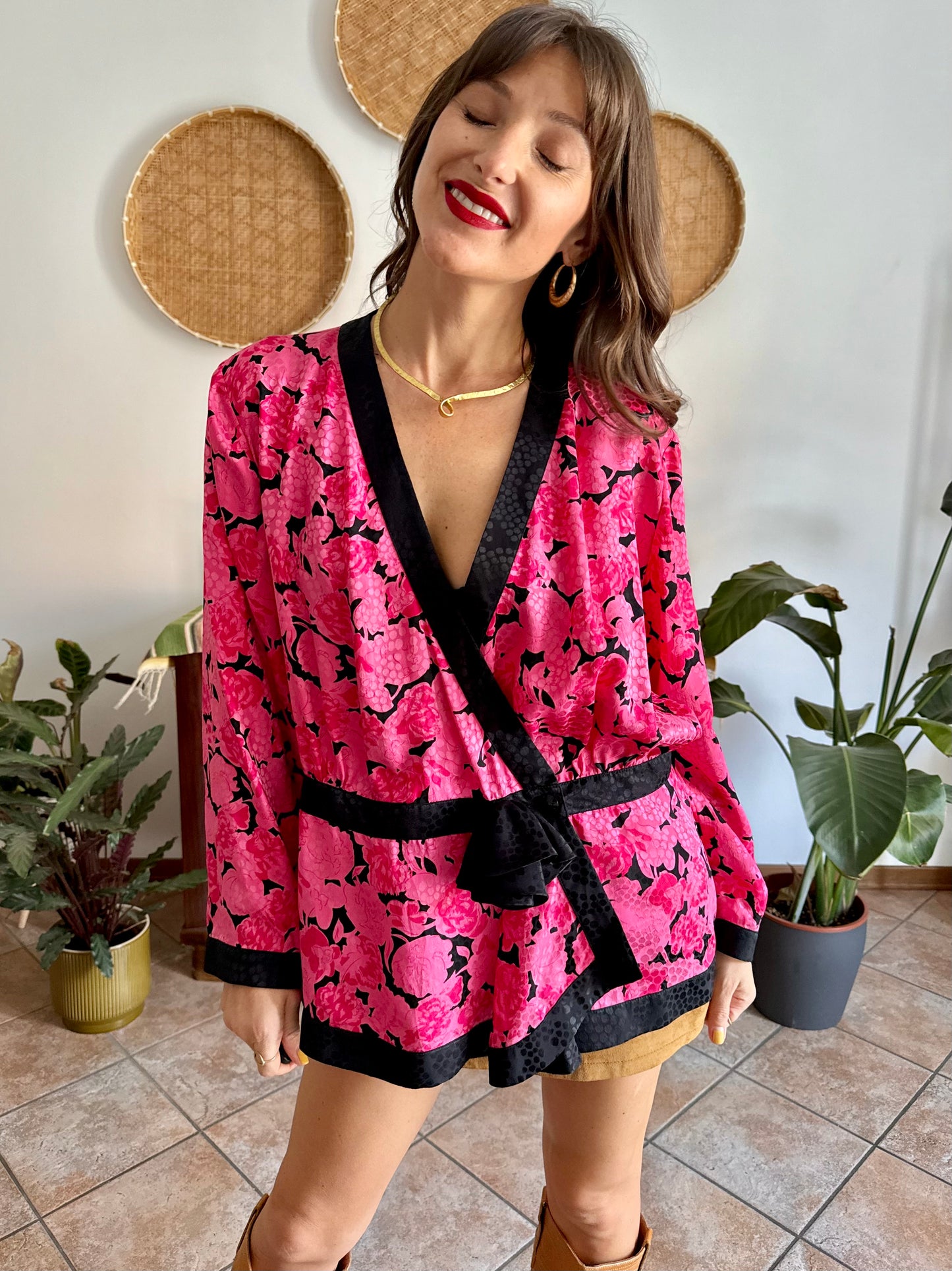 1980's vintage silk fuchsia and black floral peplum blouse with rosette details