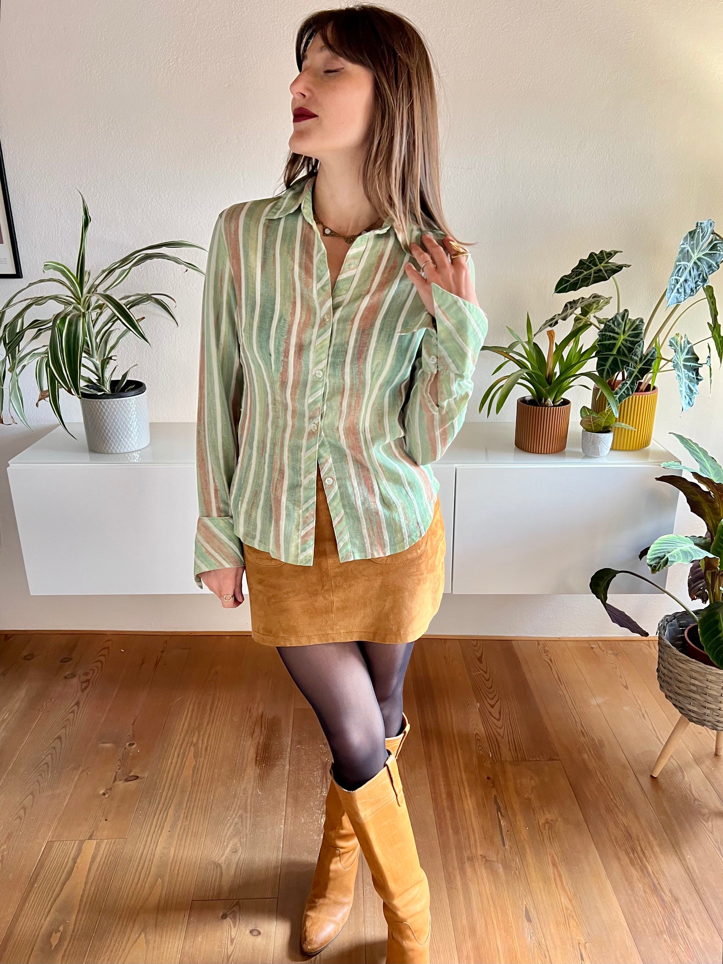1970's vintage green and tan semi sheer textured stripe blouse