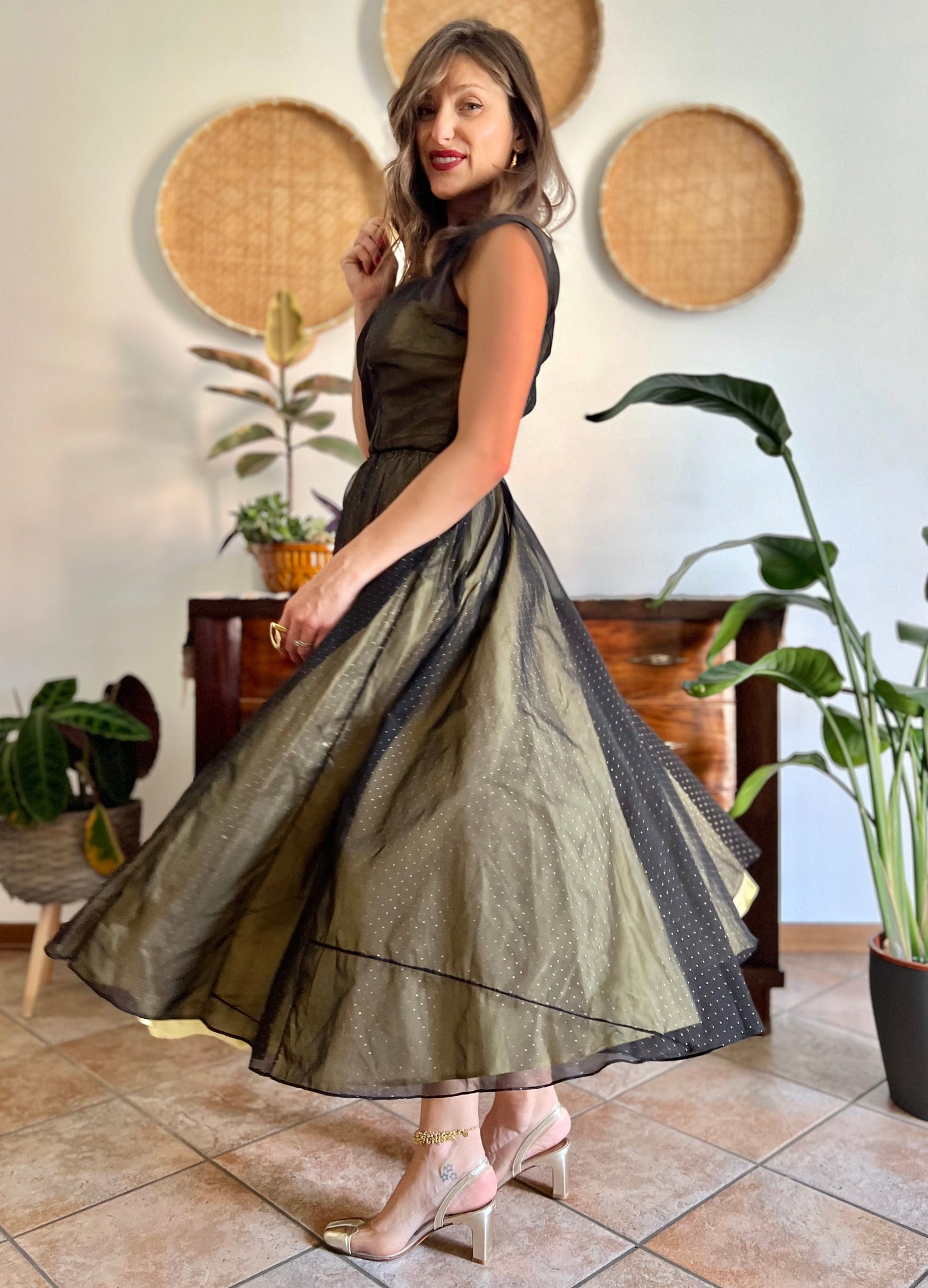 1950's custom made butter yellow and black tulle midi dress