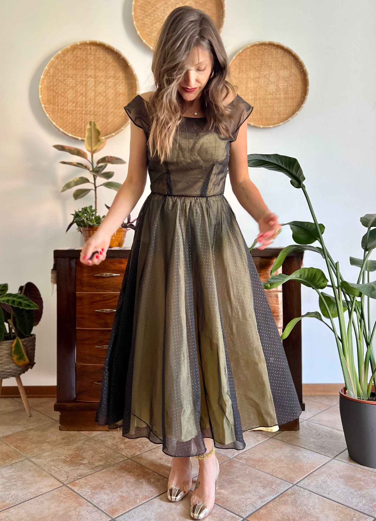 1950's custom made butter yellow and black tulle midi dress