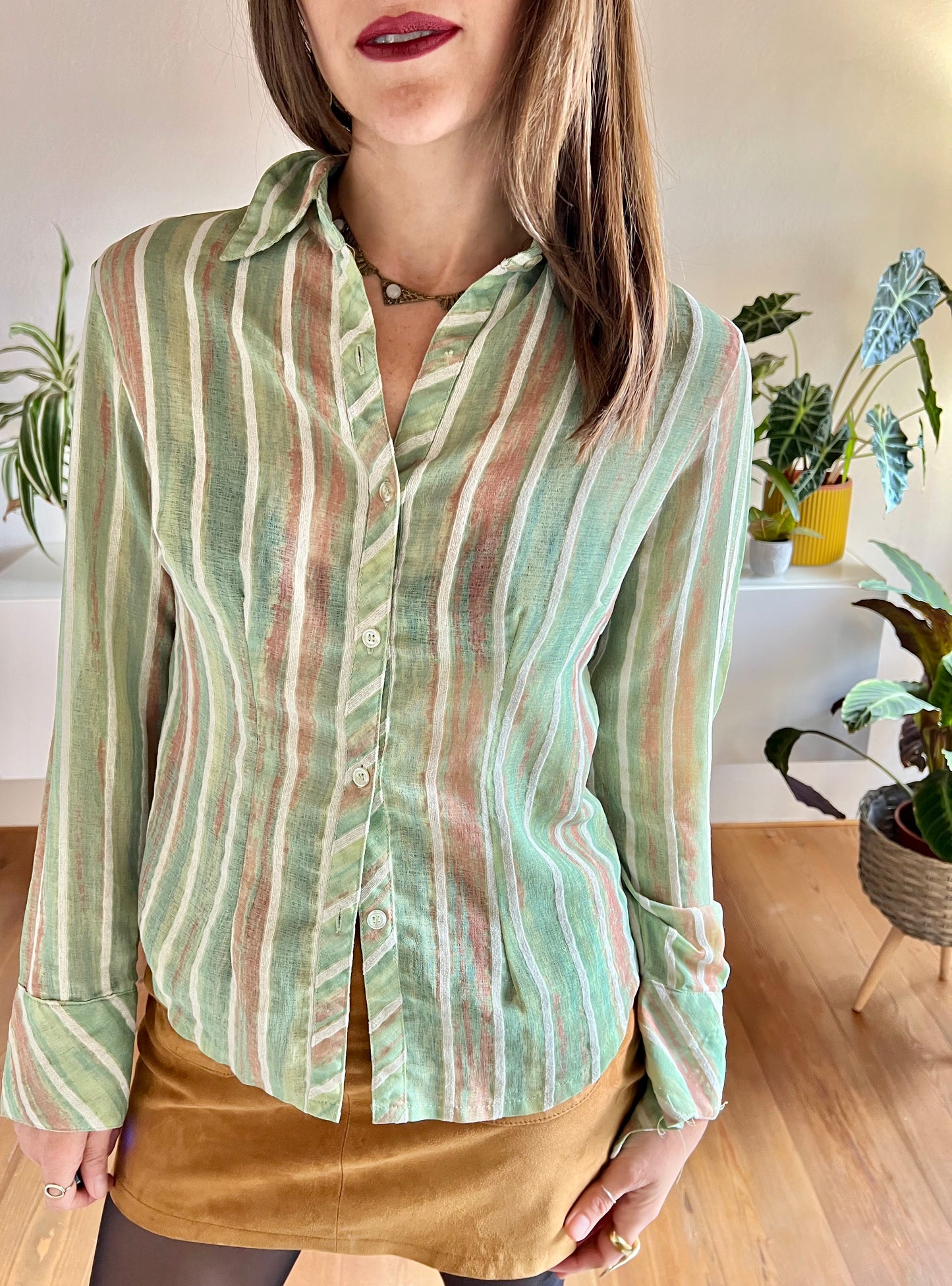 1970's vintage green and tan semi sheer textured stripe blouse