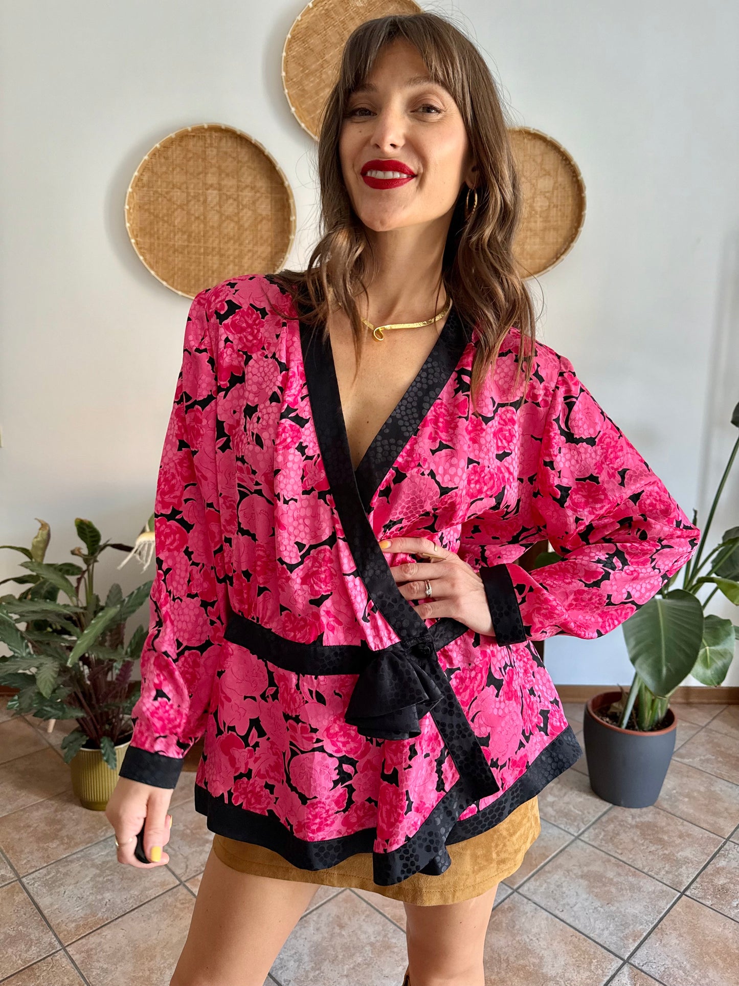 1980's vintage silk fuchsia and black floral peplum blouse with rosette details