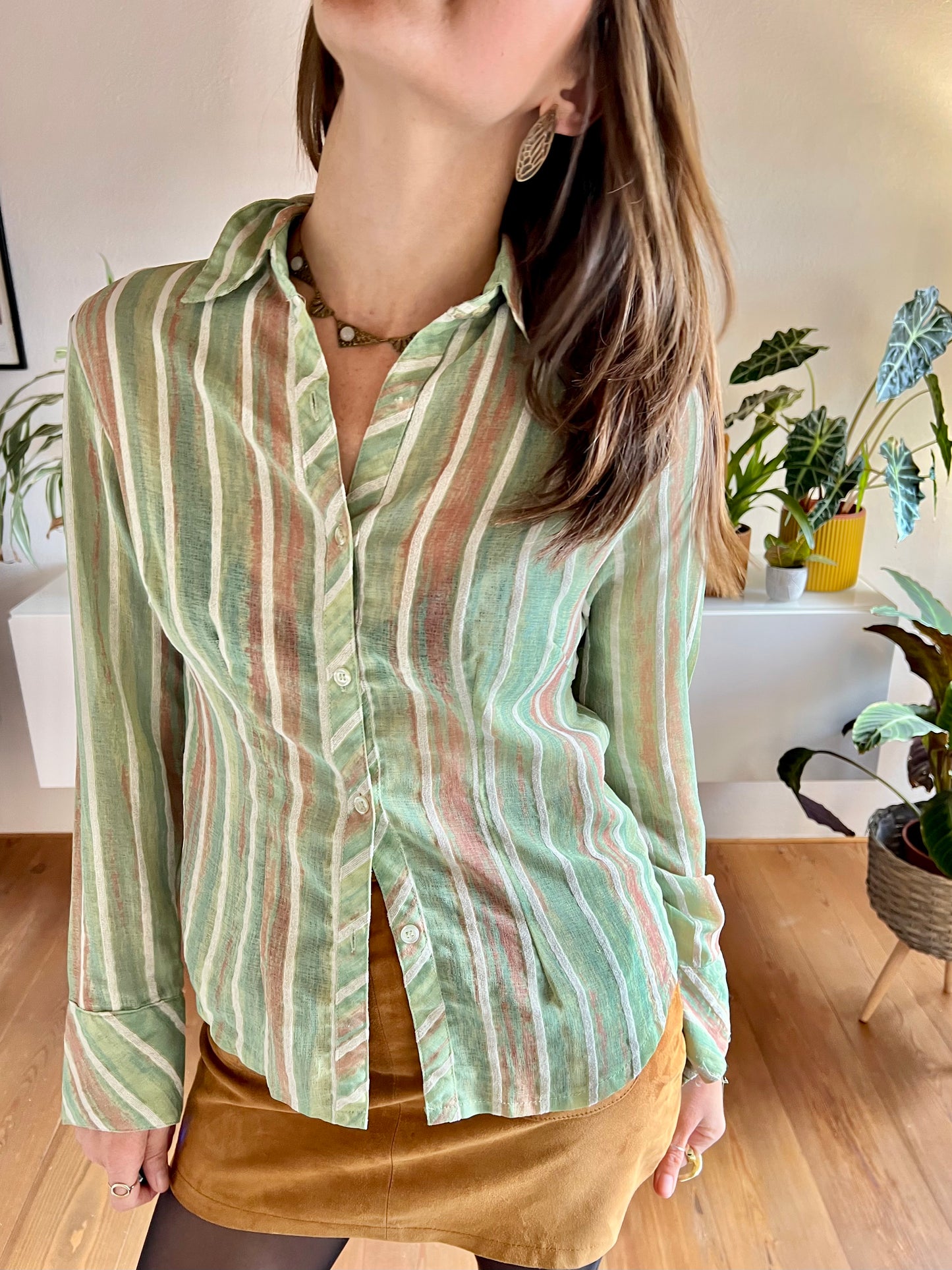 1970's vintage green and tan semi sheer textured stripe blouse